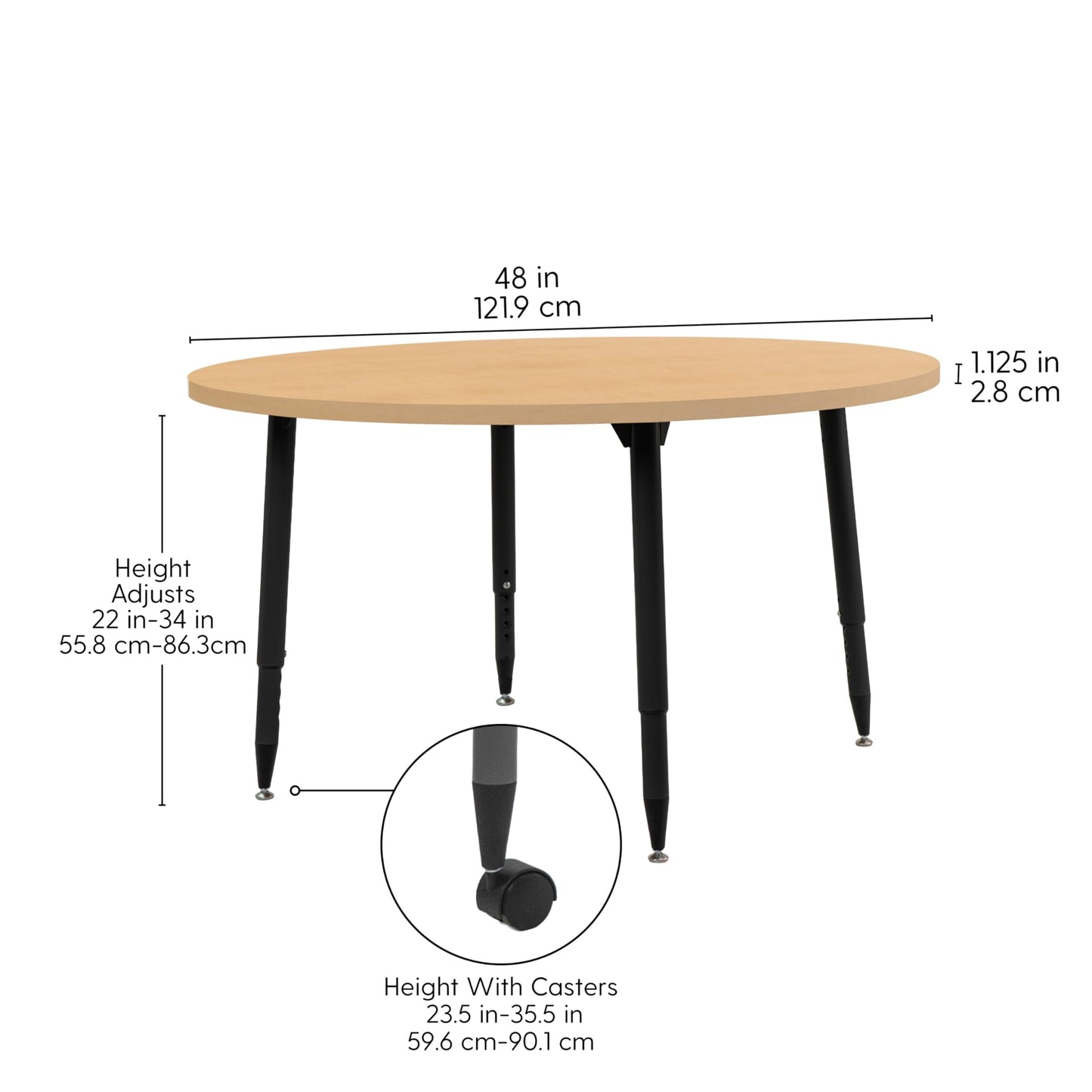 Adapte Commercial Classroom Activity Table - 48" Round Woodgrain, ADA Compliant Tapered Legs with Glides & Casters, Adjustable Height 22-34" Wheelchair Accessible, School & Office Furniture