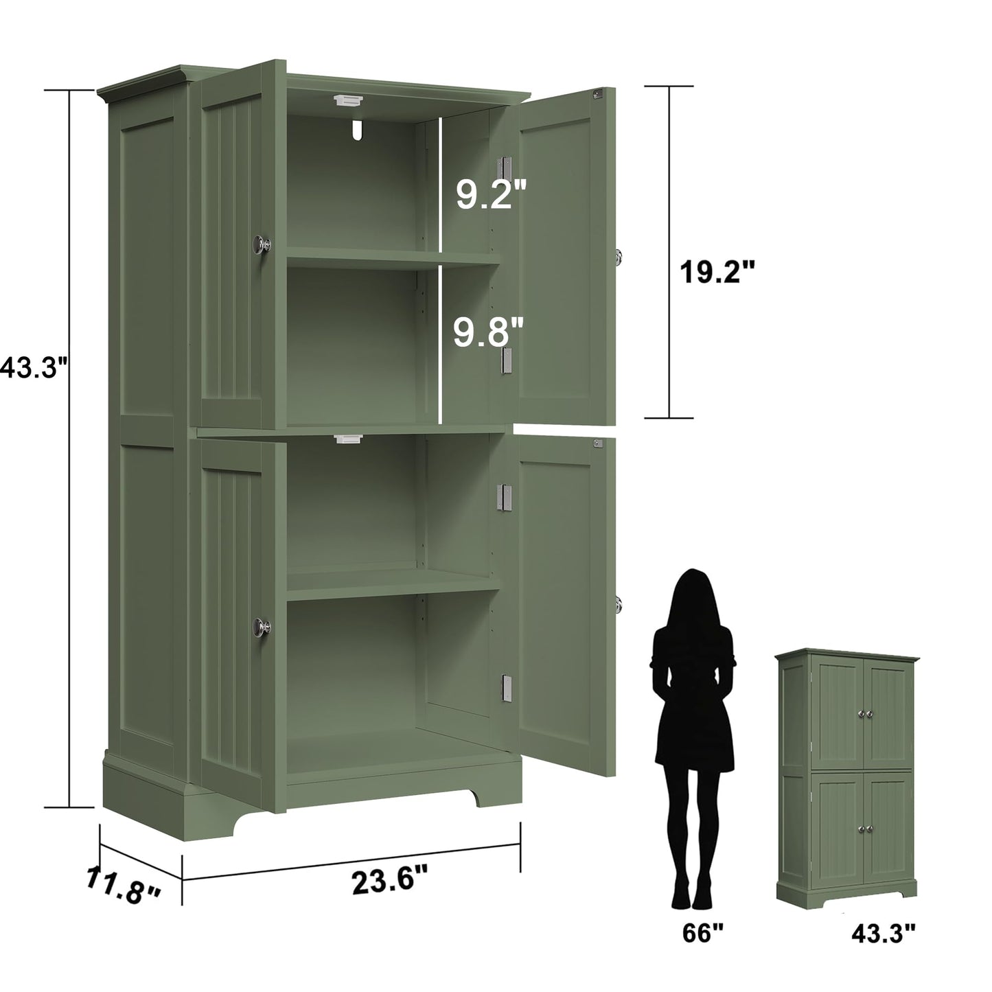 ChooChoo Bathroom Floor Cabinet, Modern Bathroom Storage Cabinet with 4 Doors and Adjustable Shelves, Freestanding Cupboard for Living Room, Green