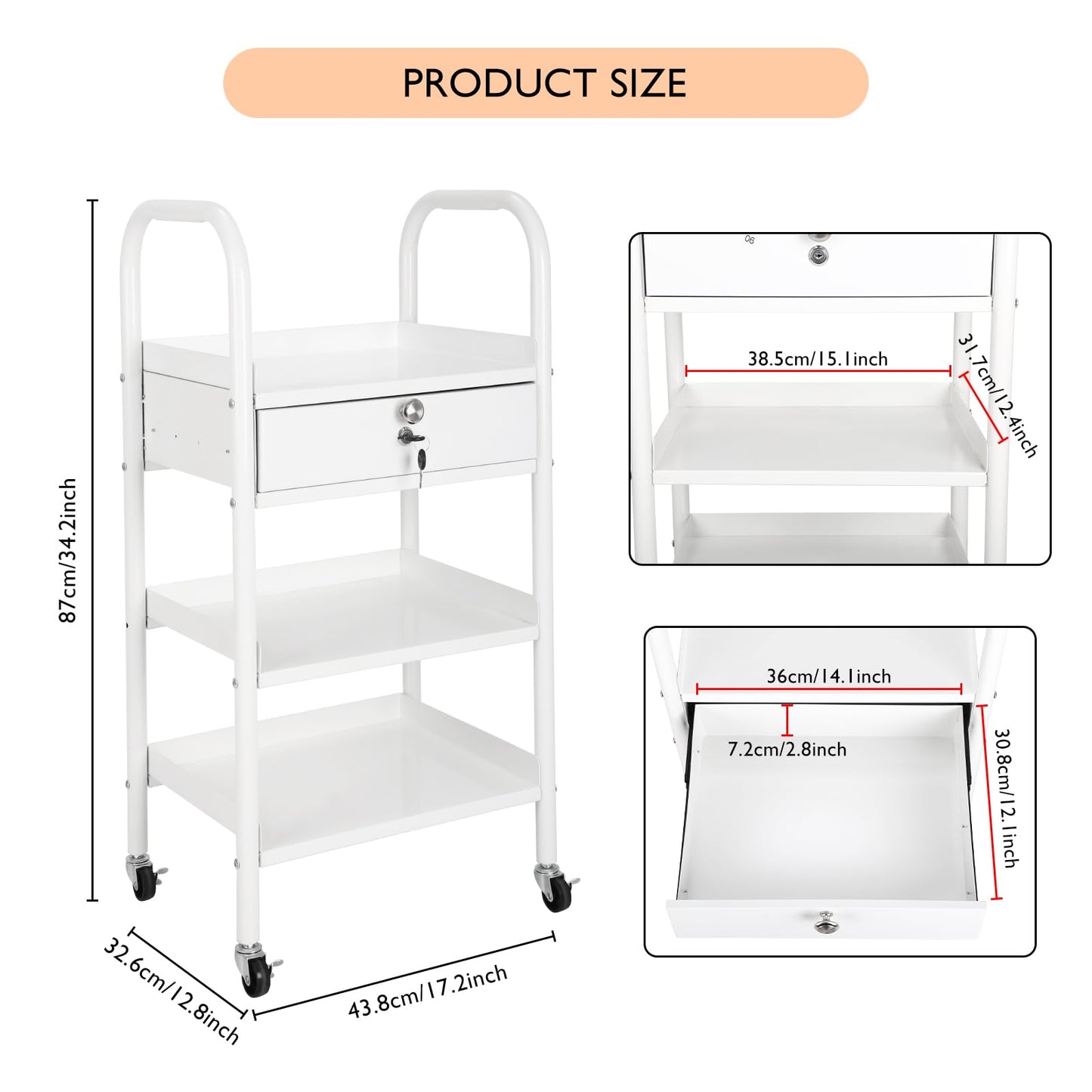 LEIBOU Beauty Salon Trolley Cart Hair Station with Wheels, Tray Cart with 1 Drawer & 2 Trays, Medical Esthetic Supply Holder for Massage Tattoo Facials