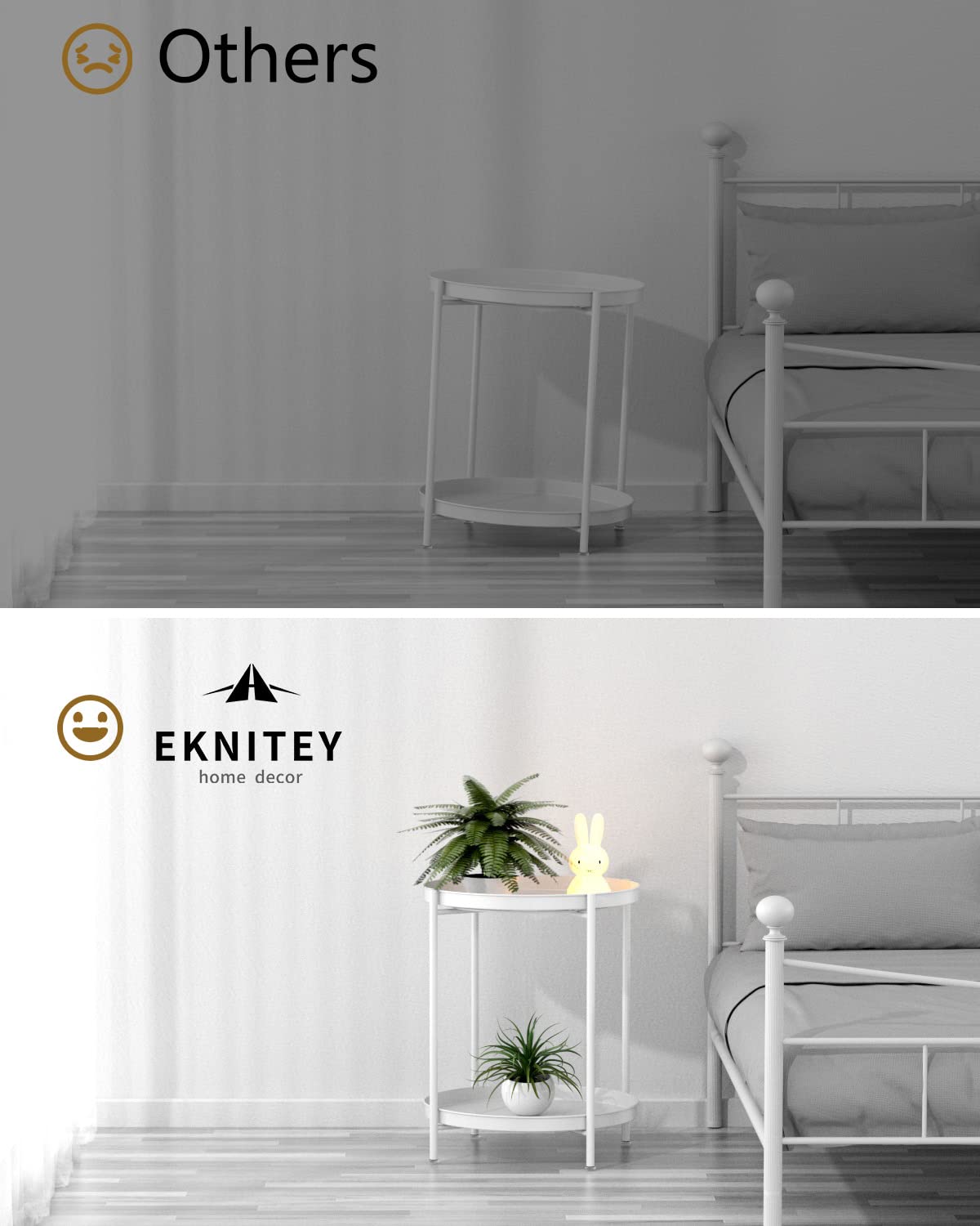 EKNITEY 2 Tier End Table - Metal Side Table Waterproof Small Sofa Coffee Side Tables Bedroom Indoor Outdoor with Removable Tray for Living Room Bedroom Balcony and Office (White)