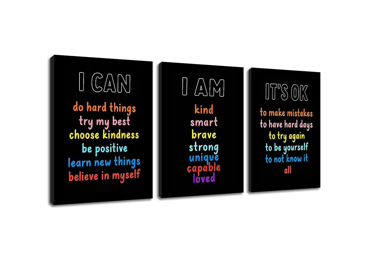 PSYYSP Positive Affirmations Wall Decor For Kids Bedroom Classroom Posters Growth Mindset I Am I Can It Is Ok Inspirational Canvas Art Set 3 Piece Framed Office Decor 16x36 Inch Triptych Artwork