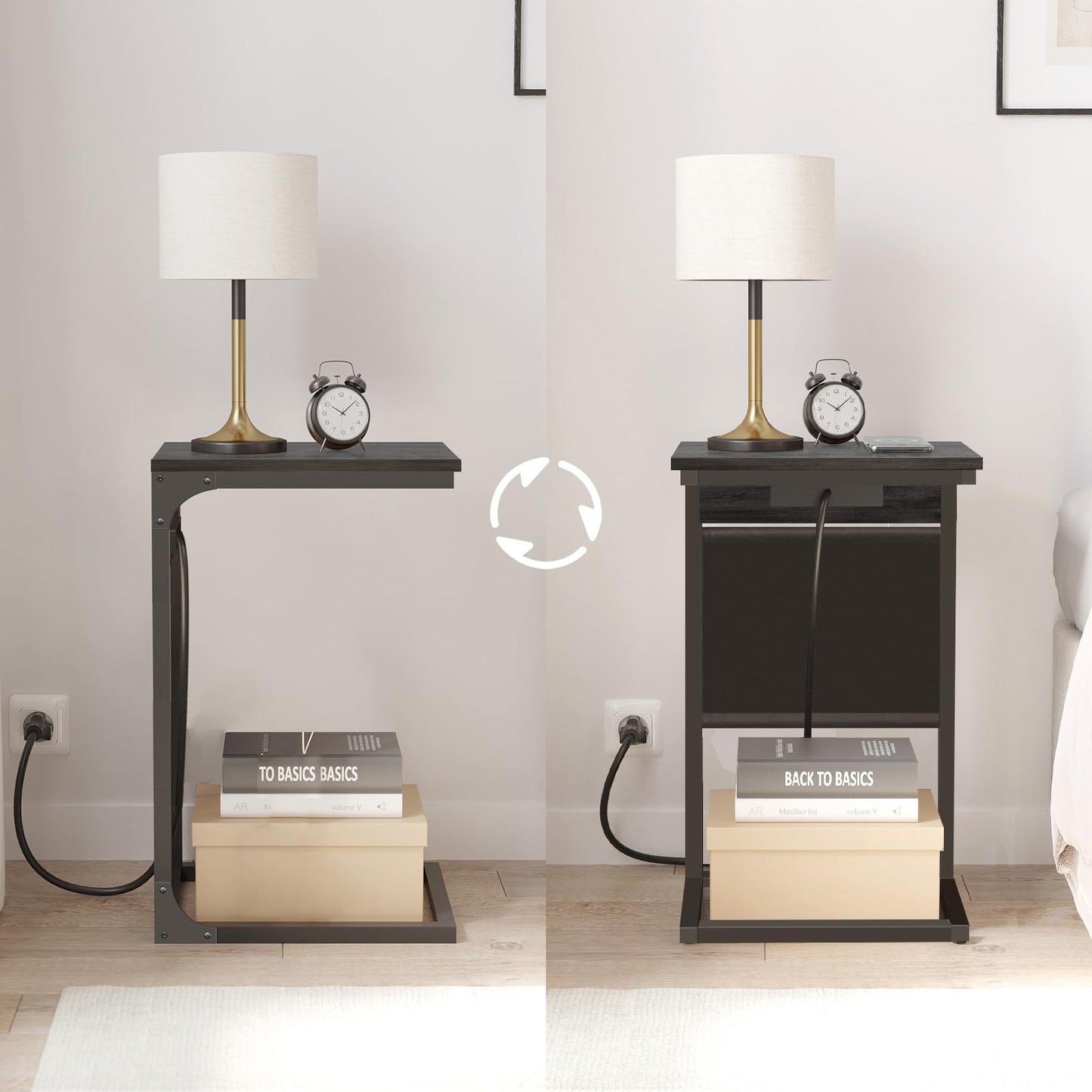 TUTOTAK C Shaped End Table with Charging Station, Side Table for Sofa, Couch Table with Storage Bag, TV Tray Table with 2 USB Ports and Outlets for Living Room, Bedroom, TB01BY024