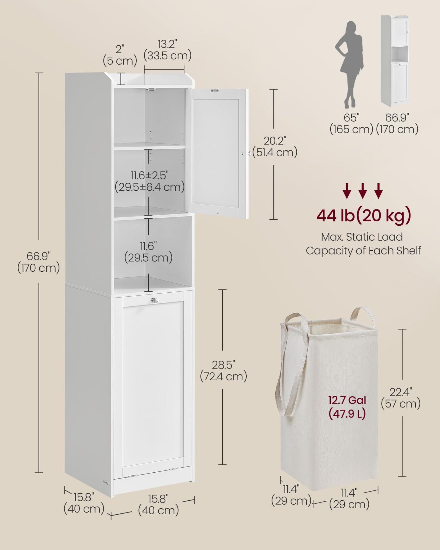 VASAGLE Tall Storage Cabinet, Storage Unit with Removable Laundry Basket, Compartment and Cabinet, for Bathroom, Living Room, 15.8 x 15.8 x 66.9 Inches, Cloud White UBBC761W01