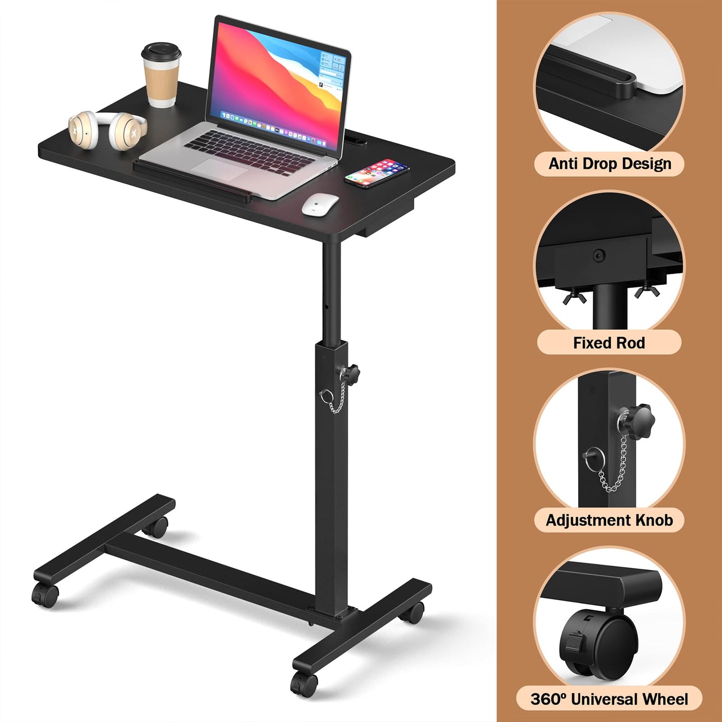 Eocnrhe Adjustable Overbed Bedside Table, Hospital Bed Table with Wheels, Portable Rolling Desk, Mobile Small Standing Desk, Rolling Laptop Stand, Computer Cart
