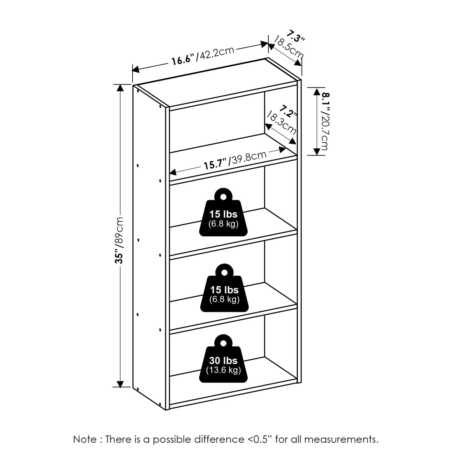 Furinno Basic Book Shelf, 4-Tier Bookcase with Open Shelf, Bookshelf, Cube Storage Organizer, 7 x 17 x 35, for Living Room, Bedroom, Home Office, Amber Pine