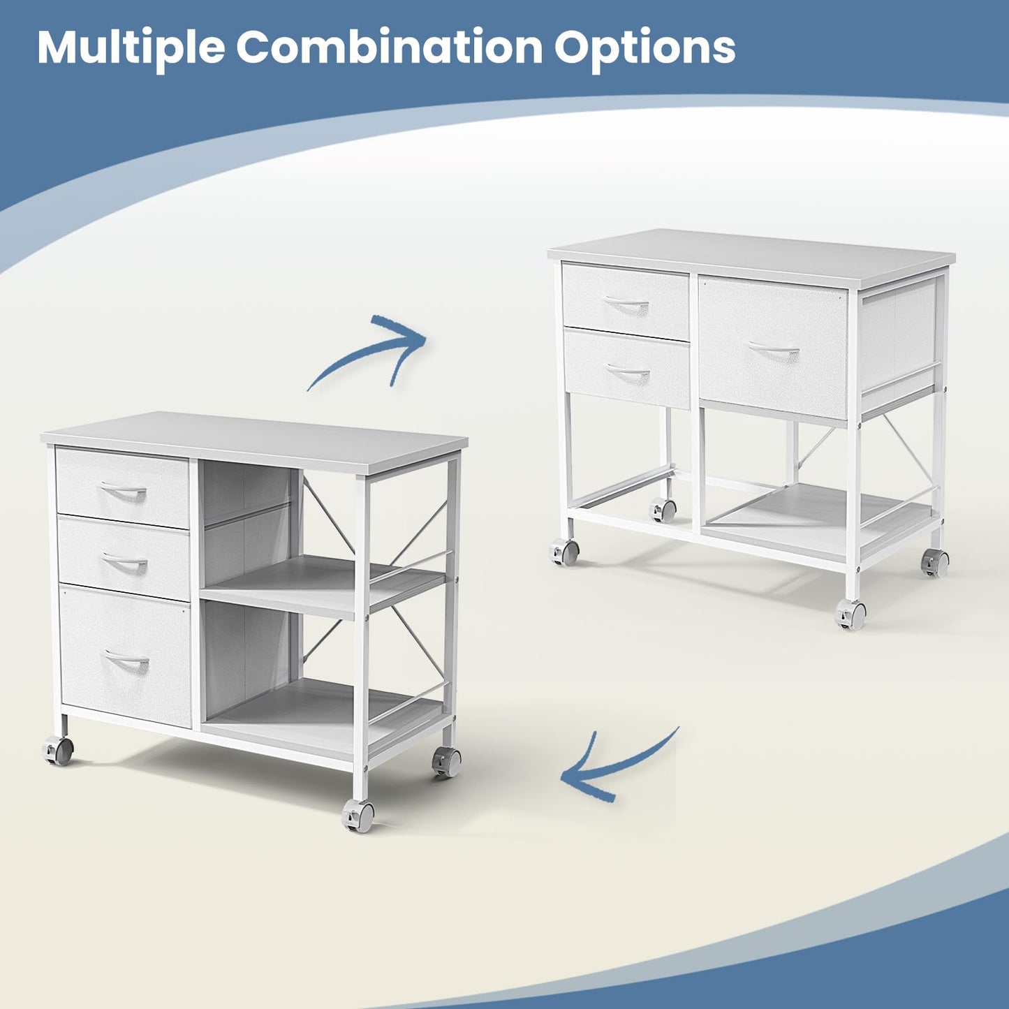 DUMOS 3 Drawer Mobile File Cabinet, Freestanding Fabric Lateral Filing Cabinet Fits A4/Letter Size, Space Saving Rolling Printer Stand with X-Frame and Open Storage Shelf for Home Office, White