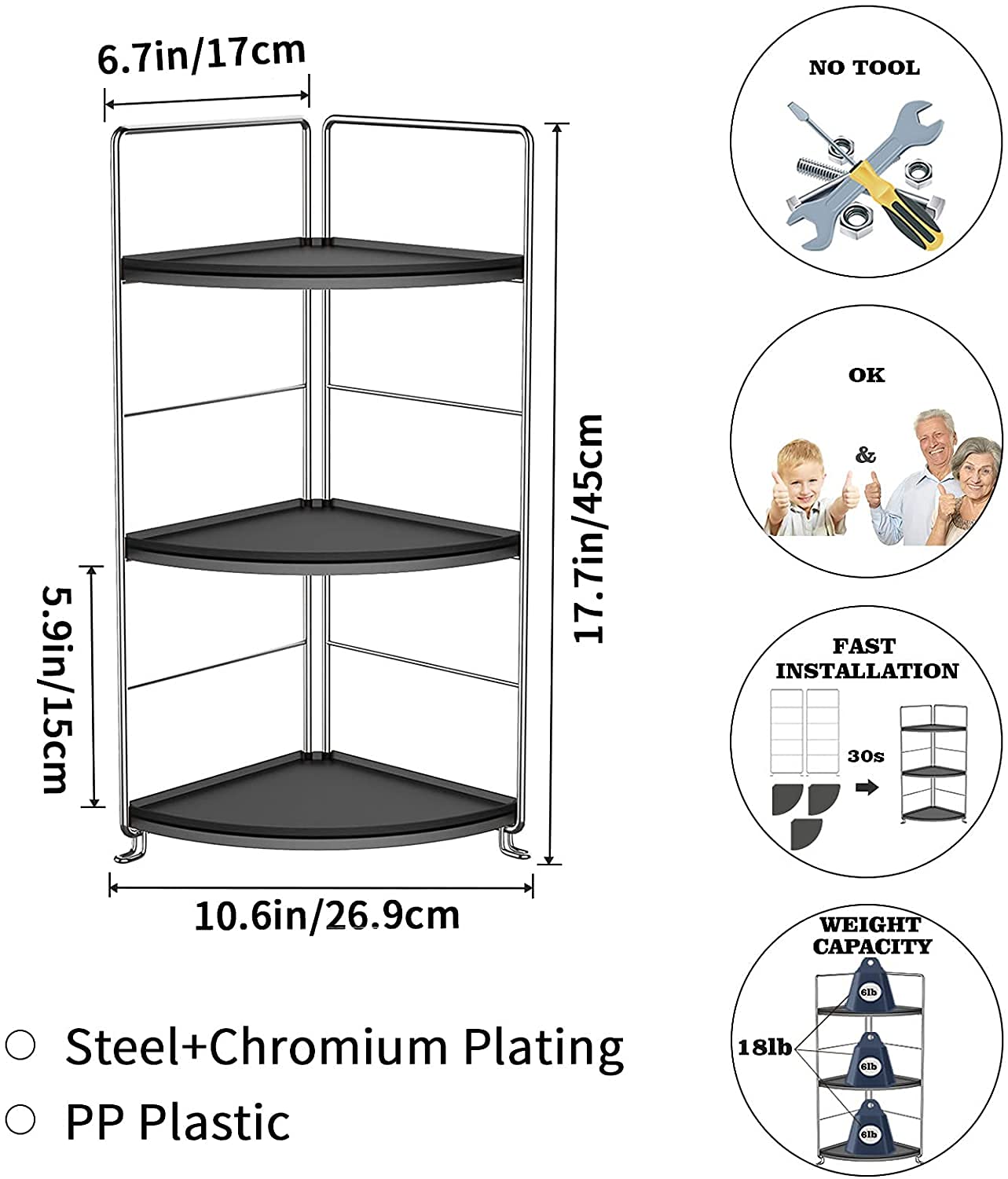 3-Tier Bathroom Countertop Organizer , Vanity Tray Cosmetic & Makeup Storage, Kitchen Spice Rack Standing Shelf , Corner Storage Shelf , Silver&Black