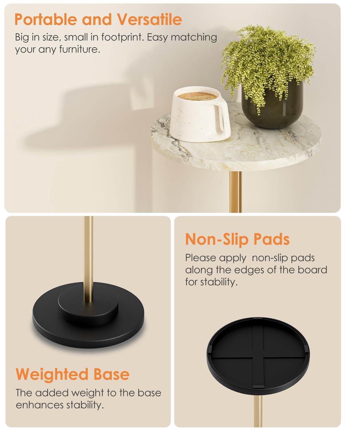 Round Side Table, Small Drink Table for Small Spaces, Modern Accent End Table with Metal Leg for Living Room, Bedroom, Corners, and Office (Marble)