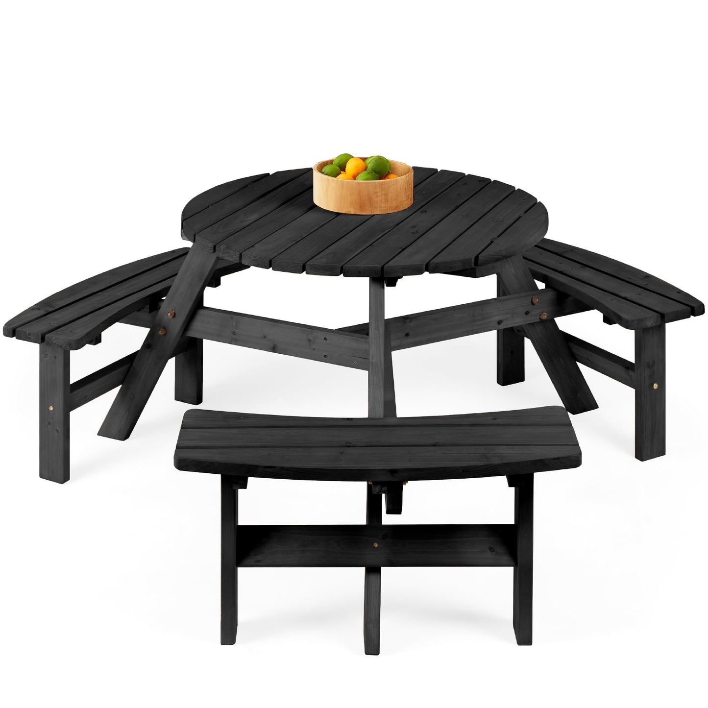 Best Choice Products 6-Person Circular Outdoor Wooden Picnic Table for Patio, Backyard, Garden, DIY w/ 3 Built-in Benches, 500lb Capacity - Black