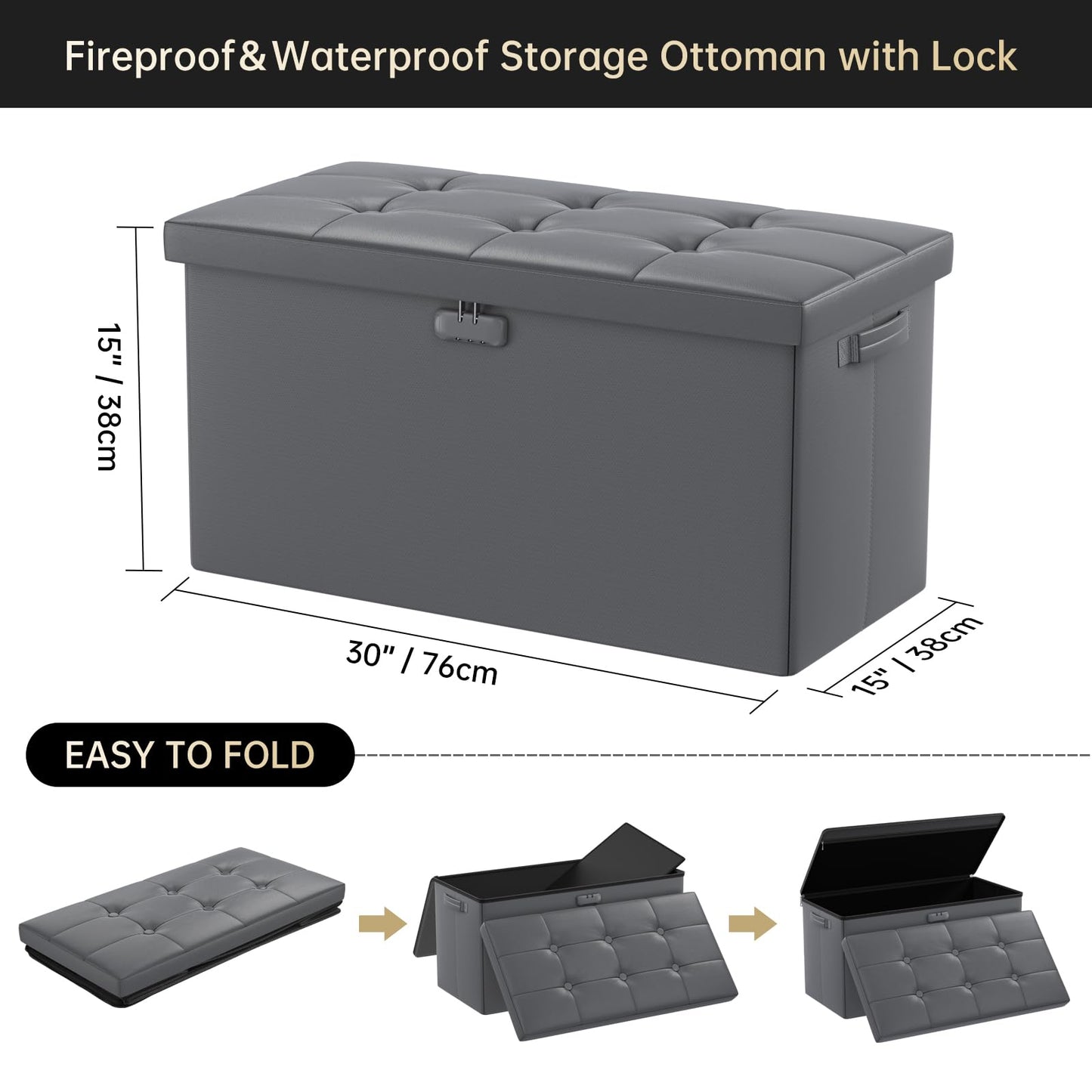 DocSafe Storage Ottoman Bench with Lock,Fireproof 30 Inches Folding Bench Foot Rest Stool Storage Chest Safe for Living Room,Bedroom,Home Office,Waterproof Leather Ottoman with Handles,Gray