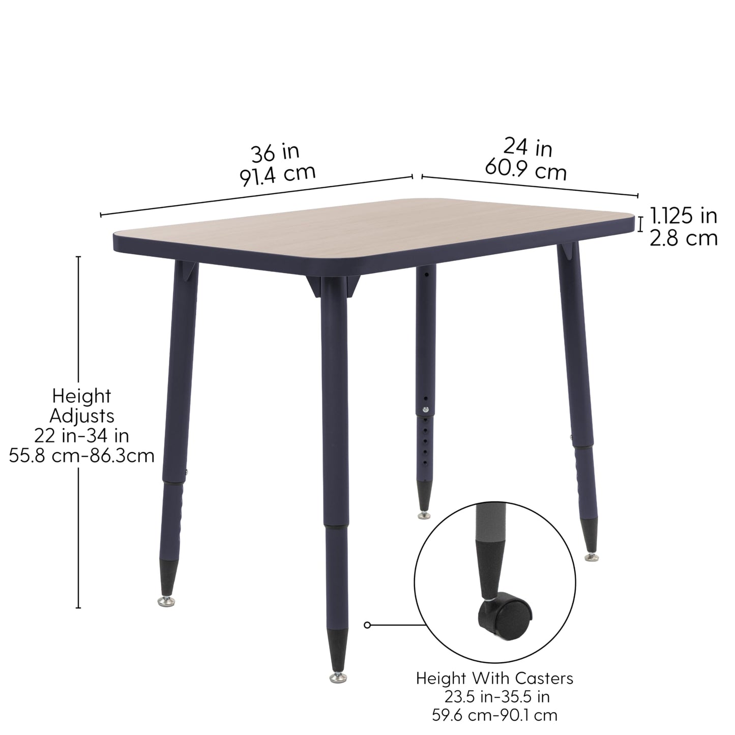 Adapte Commercial Classroom Activity Table - 24" x 36" Rectangle, ADA Compliant Tapered Legs with Glides & Casters, Adjustable Height 22-34" Wheelchair Accessible, School & Office Furniture