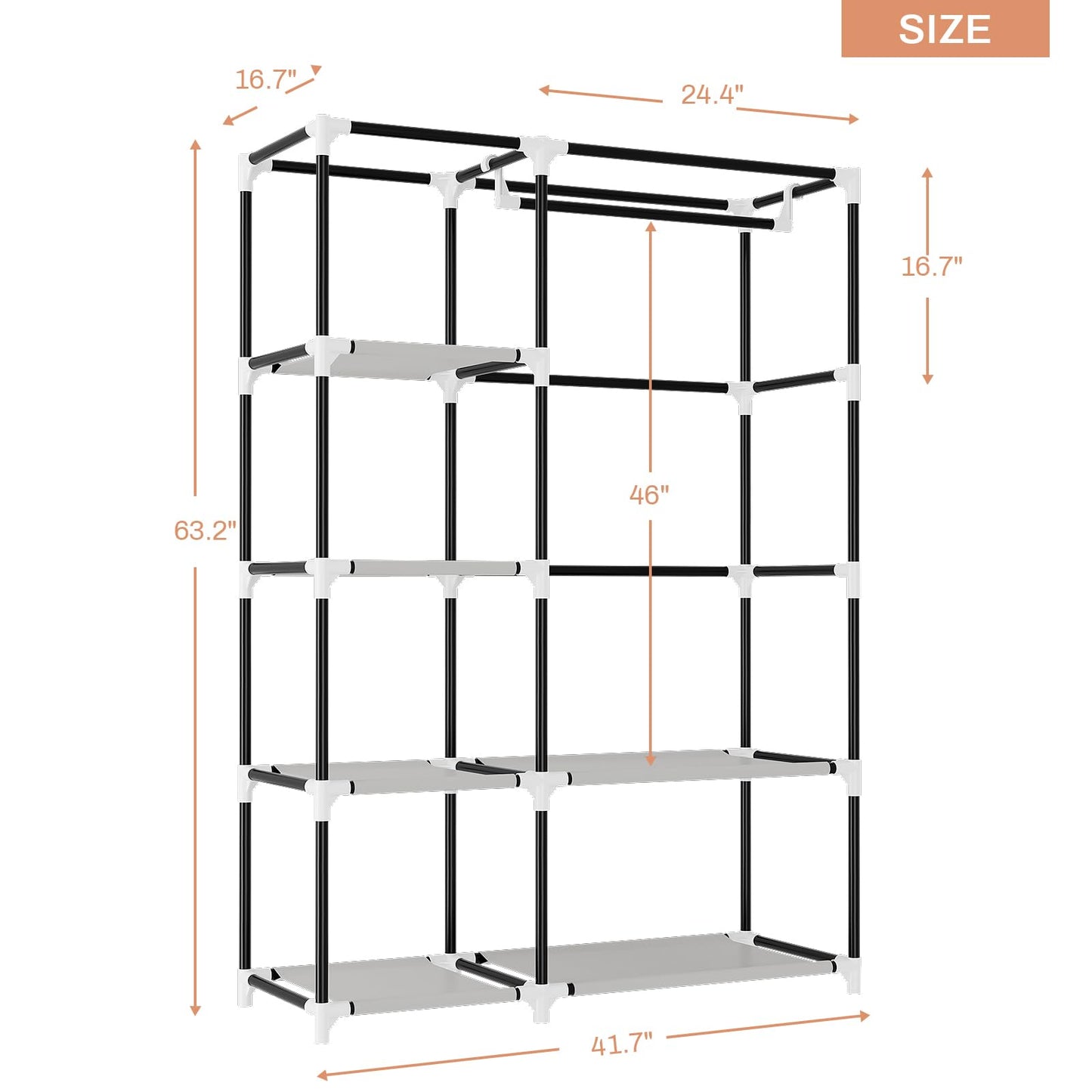 VTRIN Wardrobe Closet, 41.7 Inch Wide Portable Closets for Hanging Clothes with 1 Hanging Rod, 6 Shelves, 6 Pockets, Clothes Rack with Cover Portable Wardrobe Closet for Bedroom, Dorm, Black