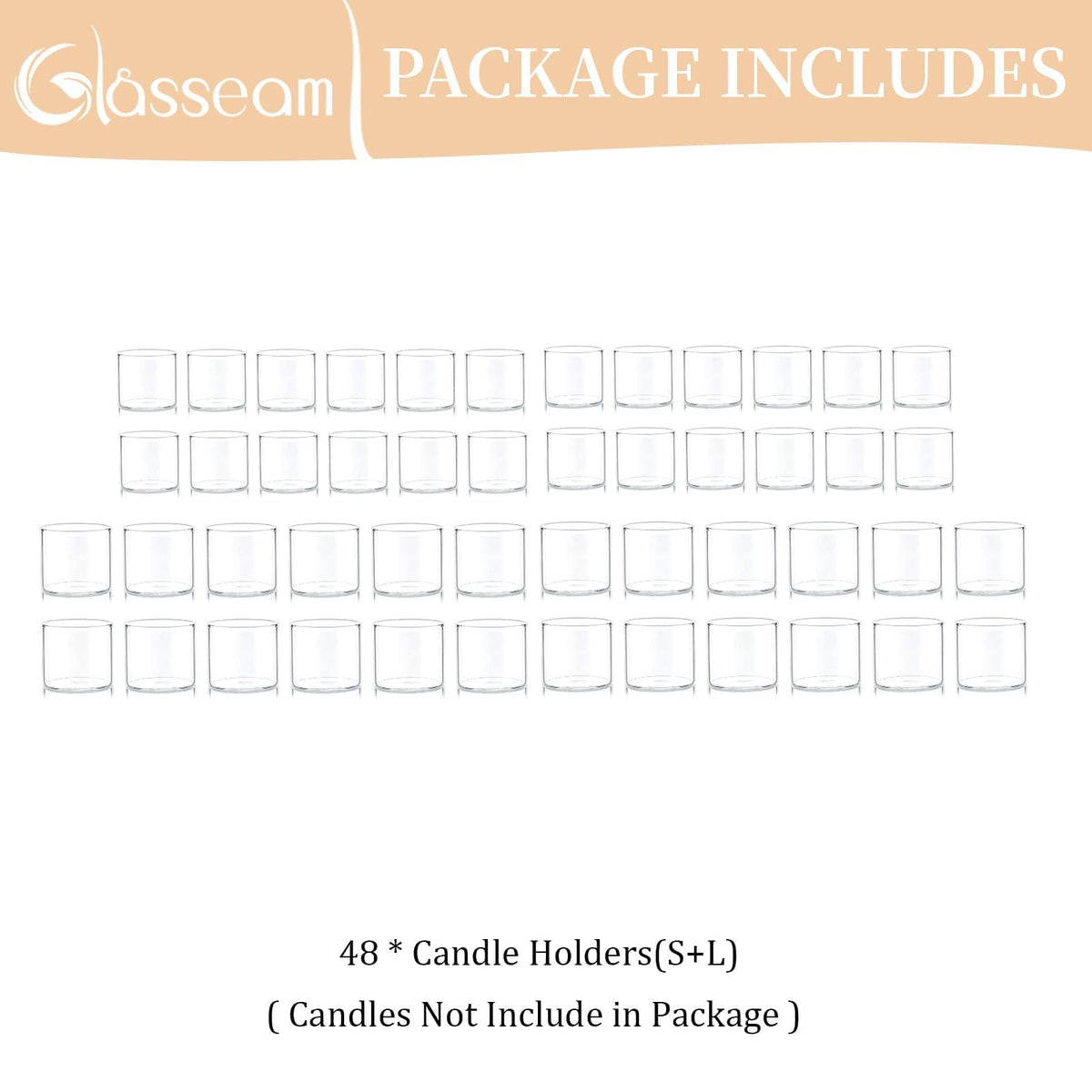 Glasseam Clear Votive Candle Holders Bulk - Set of 48 Small Tealight Holders for Floating Candles, Wedding Centerpieces and Table Decoration