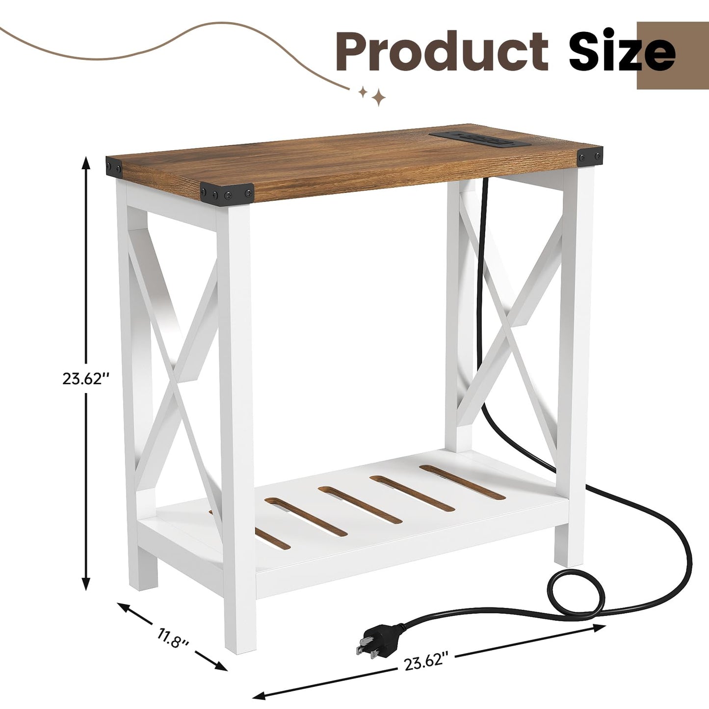 Hadulcet Farmhouse Side Table with Storage Shelf - Narrow End Table with Charging Station, Slim End Tables Living Room, Rustic X-Design Nightstand for Bedroom, Small Space, White & Brown