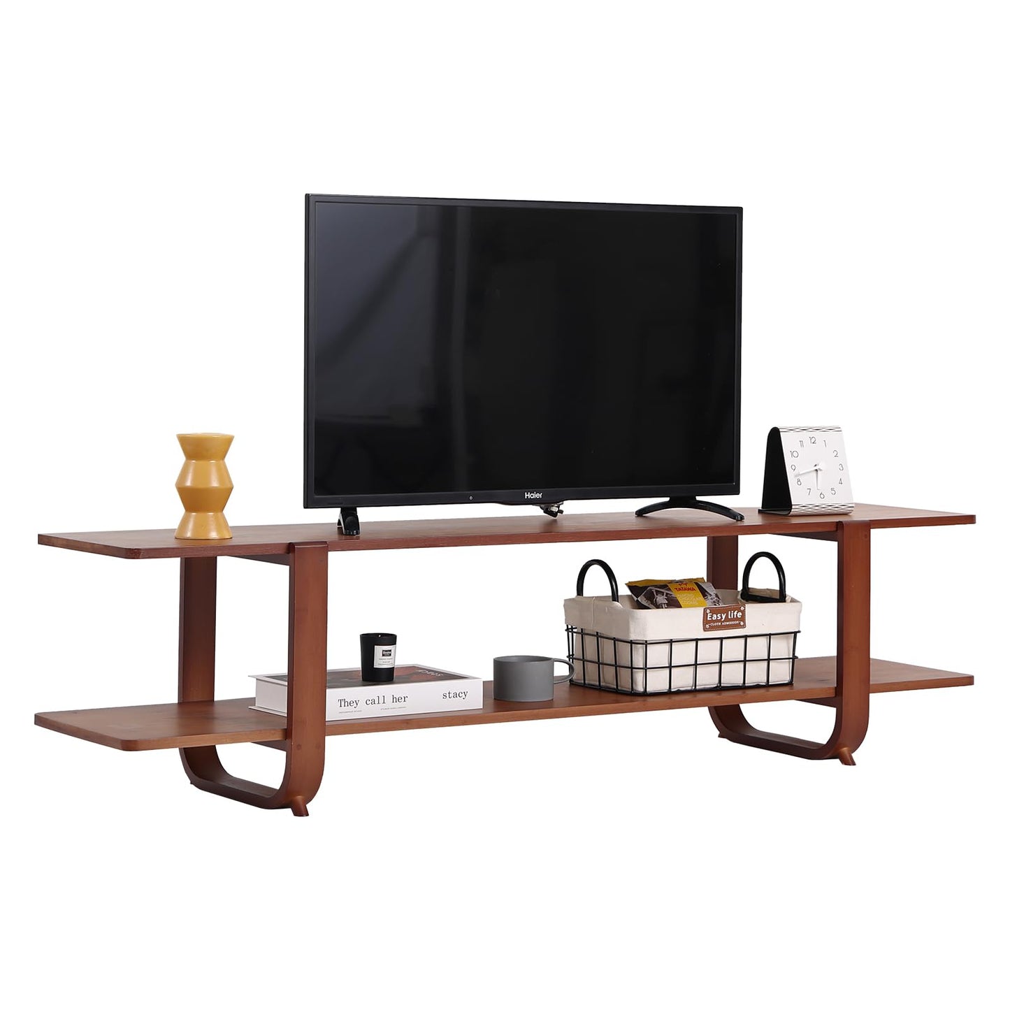 Welnow Low Bamboo TV Stand for Up to 65 Inch, Small Mid Century Modern Entertainment Center with 2-Tier Open Shelves, Walnut Media Console Table for Living Room, Bedroom