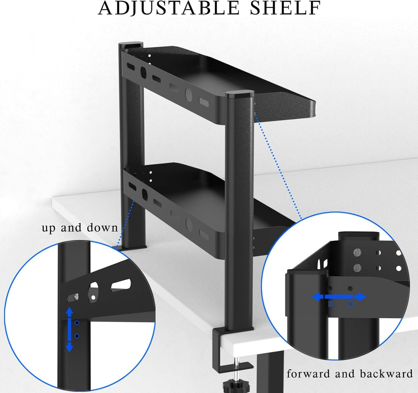 DEARPER Clamp on Desk Shelf, 24in 2-Tier Office Desk Shelves Organizer, Shelf for Top of Desk with Headphone Holder and Hooks, Desktop Storage Rack for Home Workspace, Study Rooms, Gaming Accessories