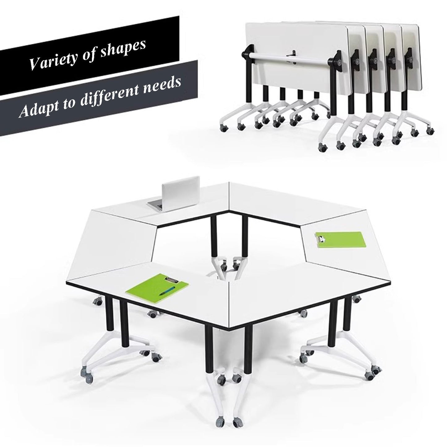Conference Table, Meeting Table with Wheels, Trapezoidal Podcast Training Table, Polygonal Splicable Desk for Home Office, Studio, Business, Dining Room