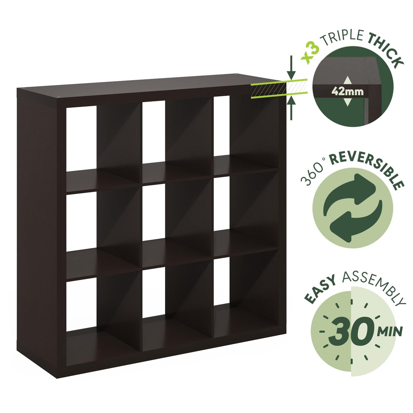 Furinno Cubicle Book Shelf, 9-Cube Bookshelf, Triple Thick Frame Cube Storage Organizer, 1.65" Bookcase, 15.4" x 43.8" x 43.4", for Home Office, Living Room, Black Oak