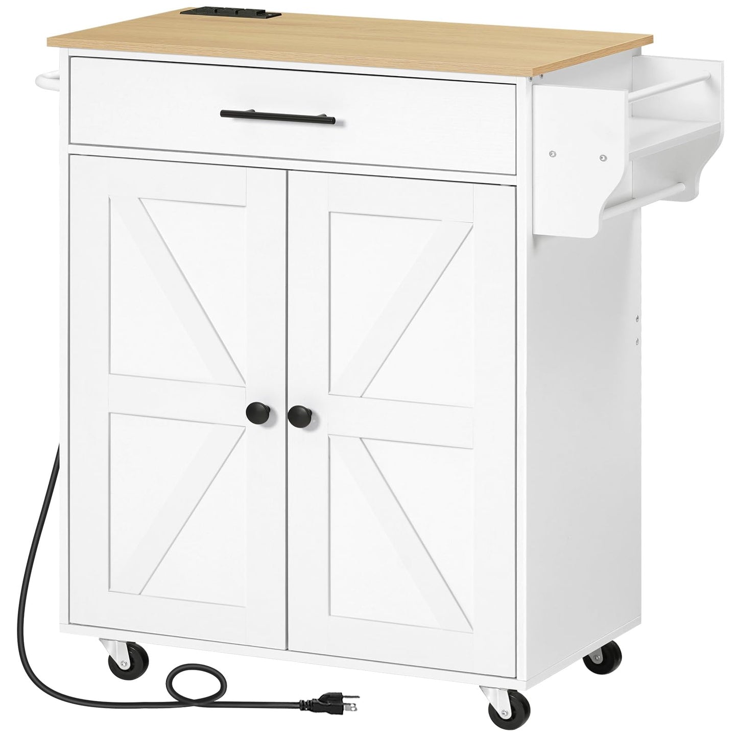 HOOBRO Kitchen Island with Power Outlet, Rolling Kitchen Island with Large Worktop, Kitchen Island Cart with Spice Rack and Drawer, Island Table for Dining Room, White and Natural WN88UZD01