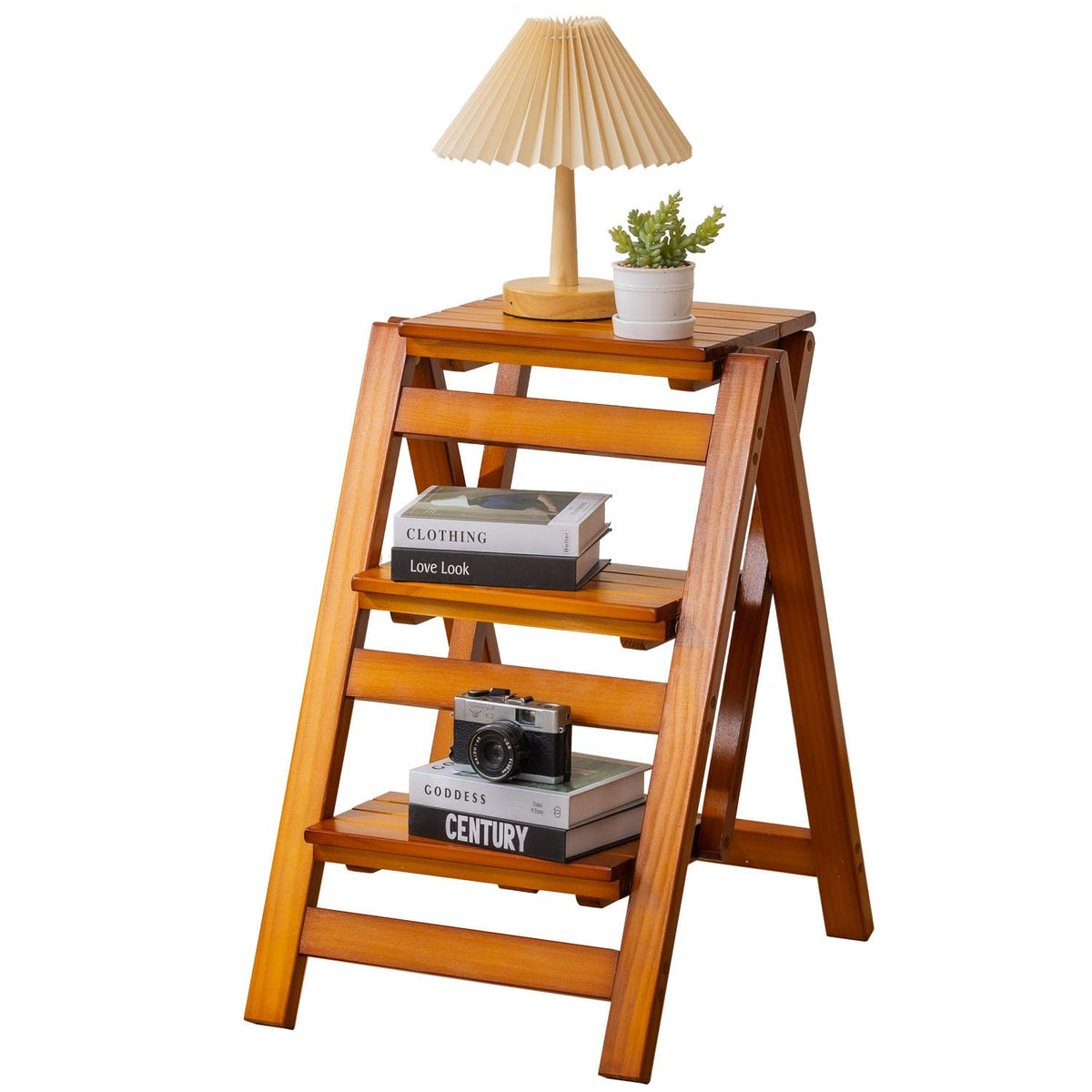 Latifolia Foldable 3 Step Ladder, Wooden Step Stool with Floor Saver, Decorative Ladder Shelf for Living Room, Kitchen, Garden(Walnut)
