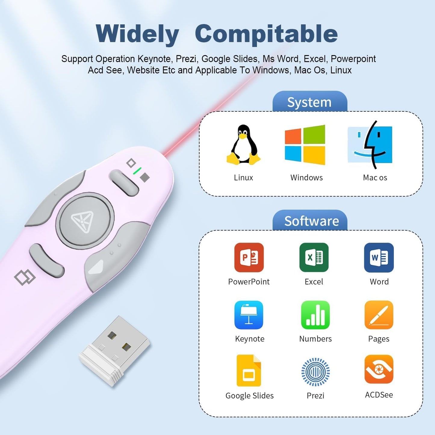 QUI Presentation Clicker Wireless Presenter Remote Clicker for PowerPoint Presentation Remote, PowerPoint Slide Advancer for Mac/Windows/Google Slide/Keynote, Purple, A