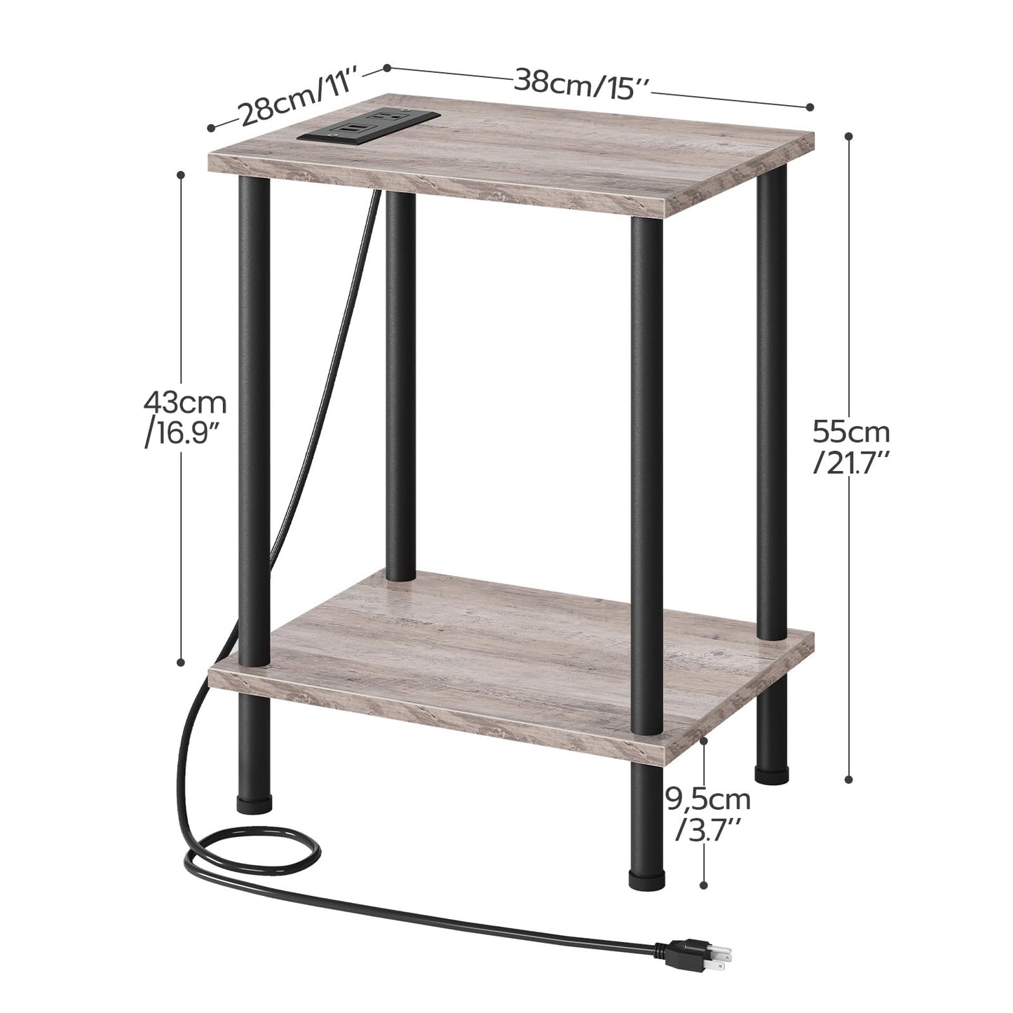 HOOBRO Side Table with Charging Station, End Table with USB Ports and Outlet, Nightstand with 2-Layer Storage Shelves for Small Spaces, Living Room, Bedroom, Stable Frame, Greige and Black BG09UBZ01