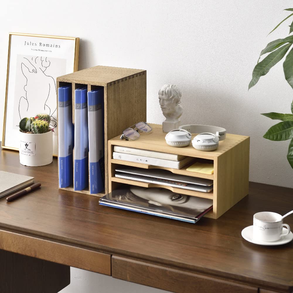 KIRIGEN Wooden Desktop Organizer, 3 Tier Solid Wood Letter Tray and Paper File Sorter for Desk, Freestanding Office Document Holder for Mail, Magazines, Folders, 13.78 x 9.45 x 7.08 in Brown 3KWJG-DBR