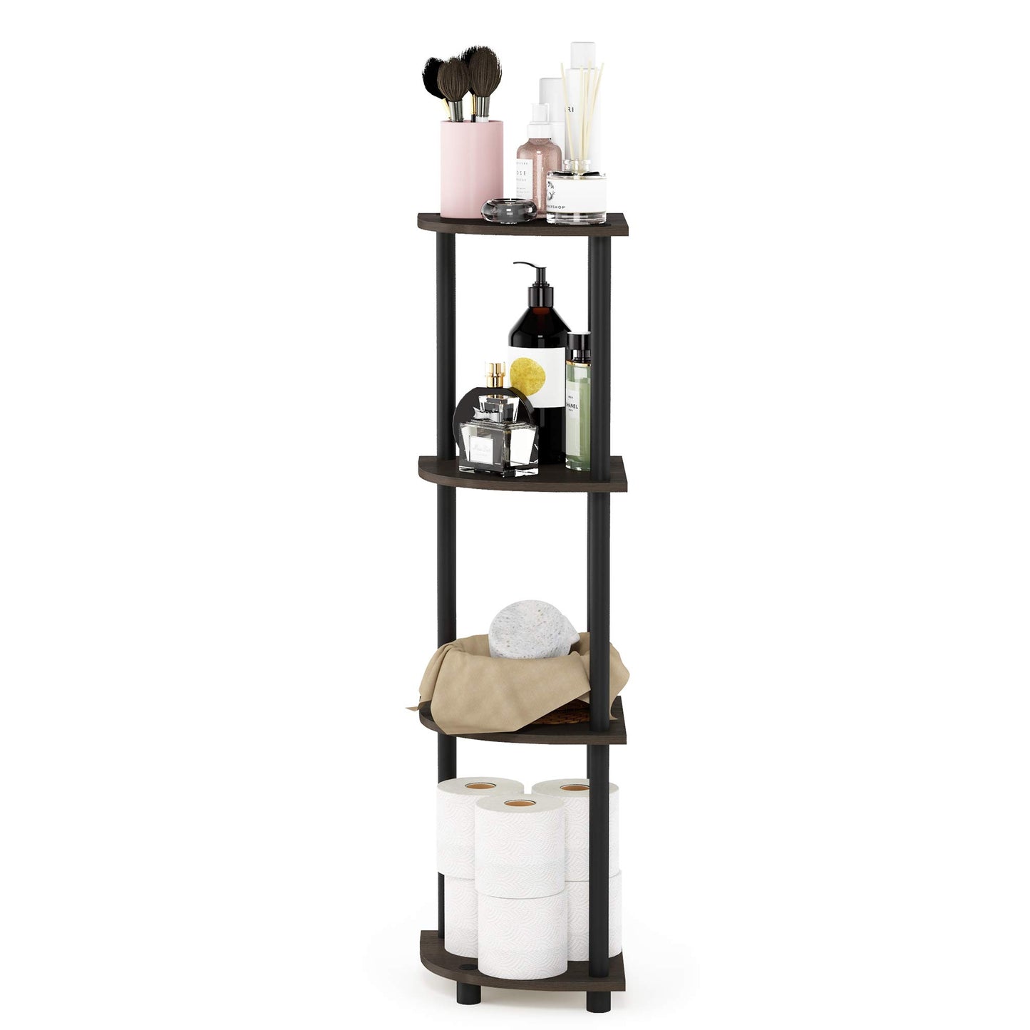 Furinno TURN-N-TUBE Corner Shelf, 4-Tier Corner Bookshelf, Display Storage Shelves with Open Shelves, for Organization and Storage, Living Room, Home Office, Garage, Dark Brown Grain