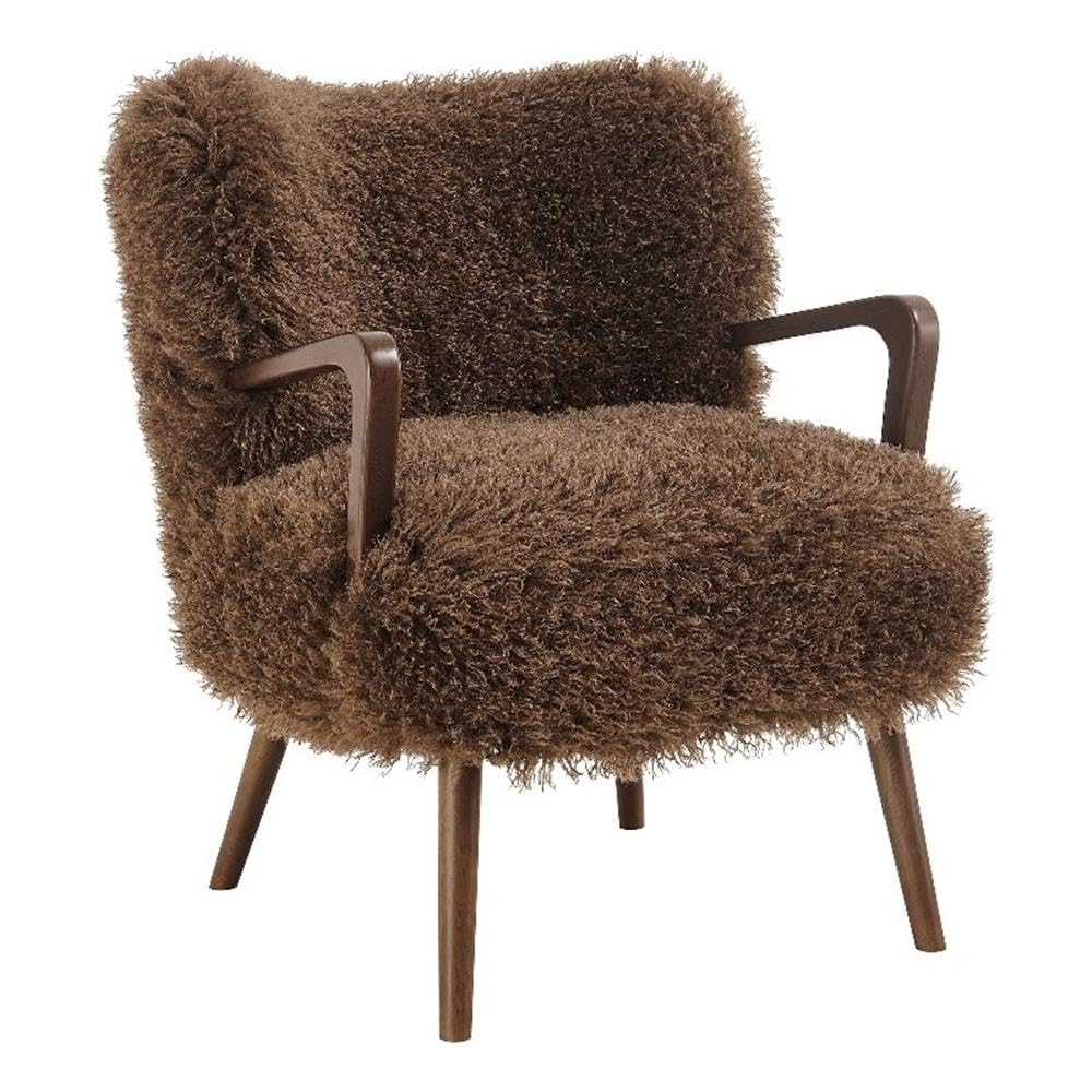 Modway Zerra Upholstered Faux Shearling Lounge Chair in Brown – Mid-Century Modern Accent Armchair with Wood Frame – Fuzzy Fabric Single Sofa Chair