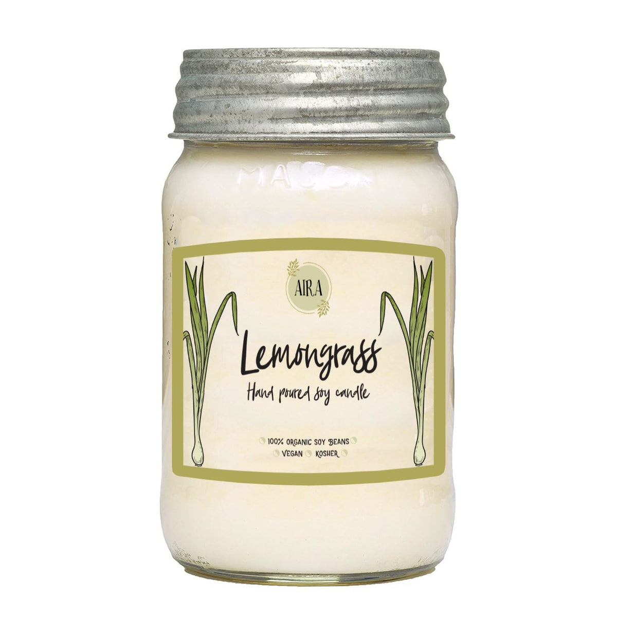 Aira Soy Candles - Organic, Kosher, Vegan, in Mason Jar w/Therapeutic Grade Essential Oil Blends - Hand-Poured 100% Soy Candle Wax - Paraffin Free, Burns 110+ Hours - Lemongrass - 16 Ounces