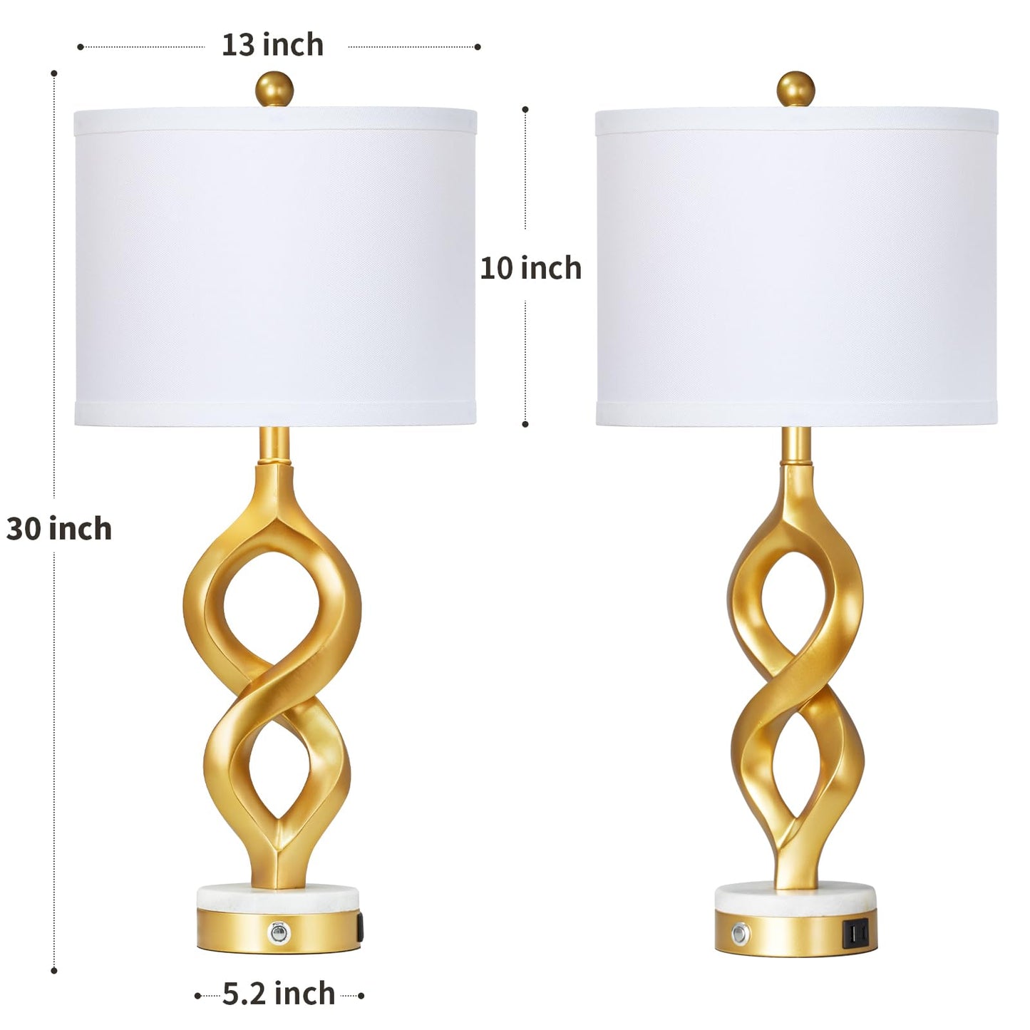 Cinyirong 30" White and Gold Table Lamps Set of 2 for Living Room, Modern Touch Control Bedside Lamps for Bedroom, 3-Way Dimmable Sculptural Resin Nightstand Lamps with USB A+C Ports and 2 LED Bulbs