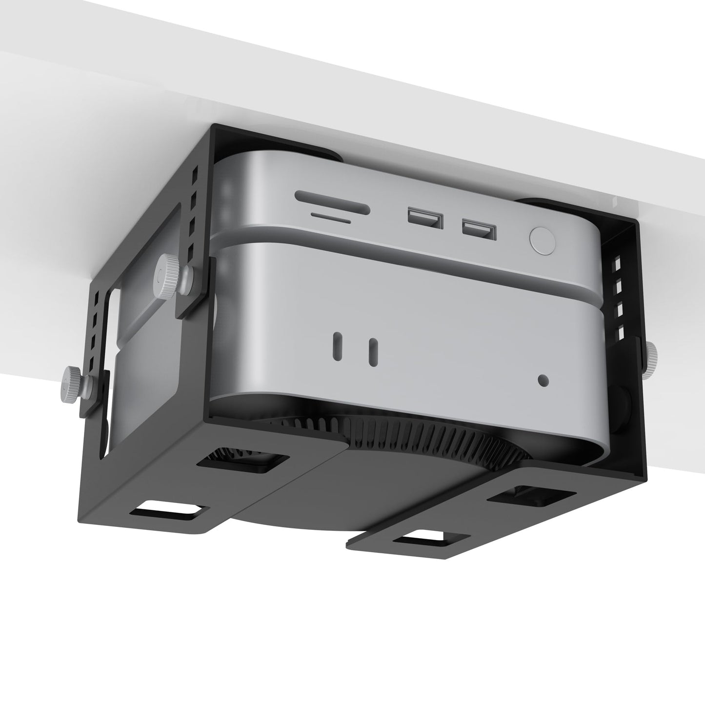 Under Desk Mini PC Mount Bracket – 5-Level Height Adjustable (1.8" to 3.3"), Width-Adjustable Metal CPU Holder for Mac mini M4/Small PCs ,Includes Screws & Positioning Template for Easy Installation