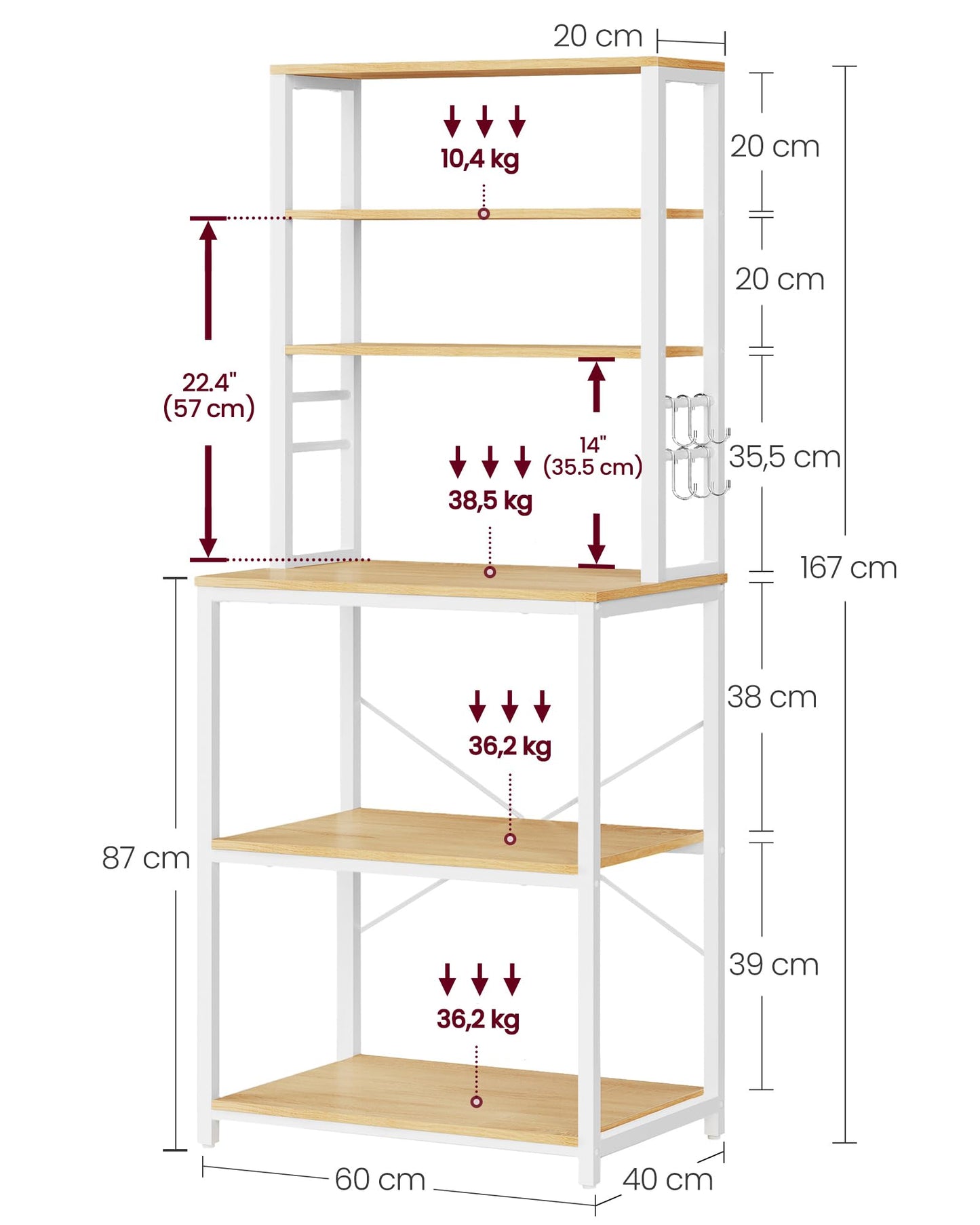 VASAGLE Coffee Bar, 23.6 Inches Baker's Rack for Kitchen with Storage, 6-Tier Kitchen Shelves with 6 Hooks, Microwave Stand, Modern, Golden Oak and Cloud White UKKS024W09