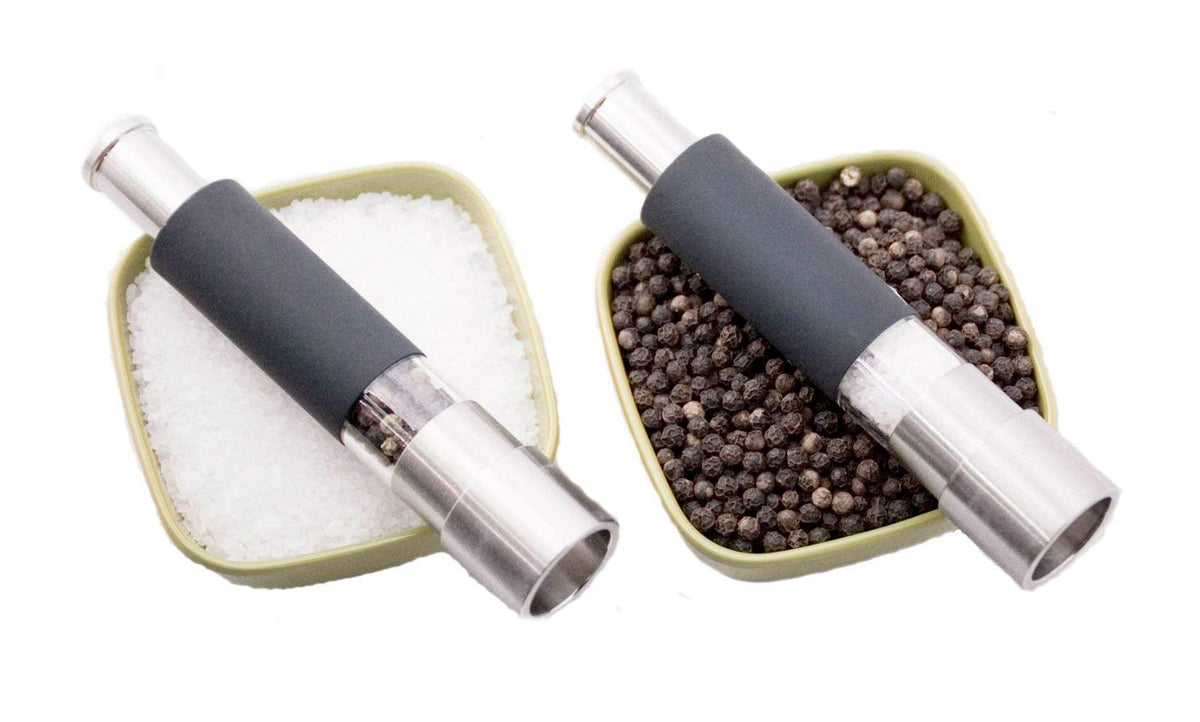 Grind Gourmet Salt and Pepper Grinder Set, Refillable, Pump & Grind, Thumb Press (Reflex Black Set)