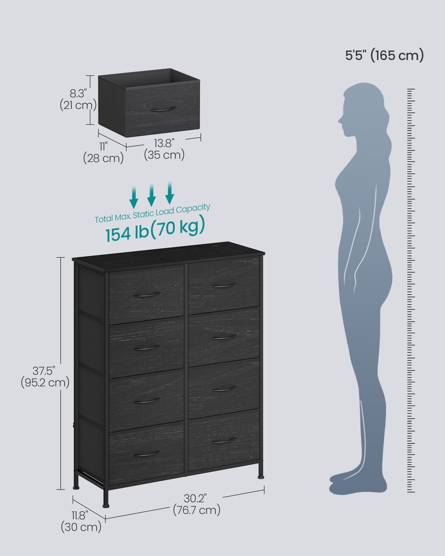 SONGMICS BELLAH Collection - Dresser for Bedroom, Chest of Drawers, Storage Organizer Unit, Closet, Entryway, Steel, 8 Drawers, Modern, Ebony Black ULGS124BE02S