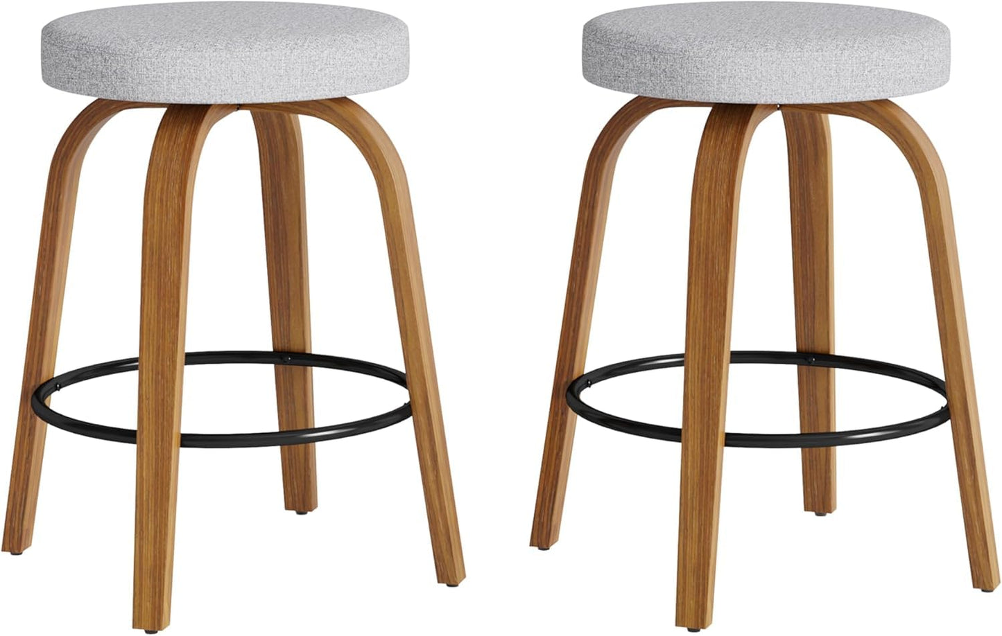 Set of 2 Swivel Bar Stools, 26'' Counter Height Backless Stools with Fabric Upholstered Seats and Sturdy Curved Wood Legs, Mid-Century Modern Design (Grey, 26 inch)