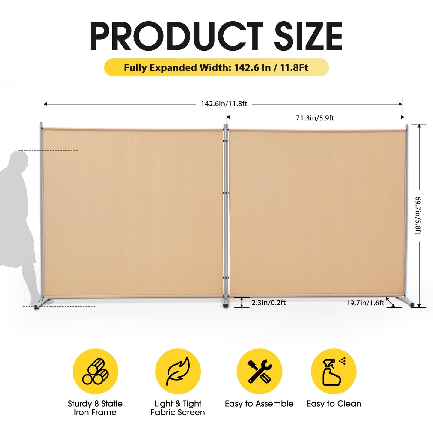 Rantila 2 Large Panels Room Divider,Portable Office Divider,Convenient Movable,Folding Partition Privacy Screen for Bedroom,Dining Room, Study,142" W x 71" H,Beige