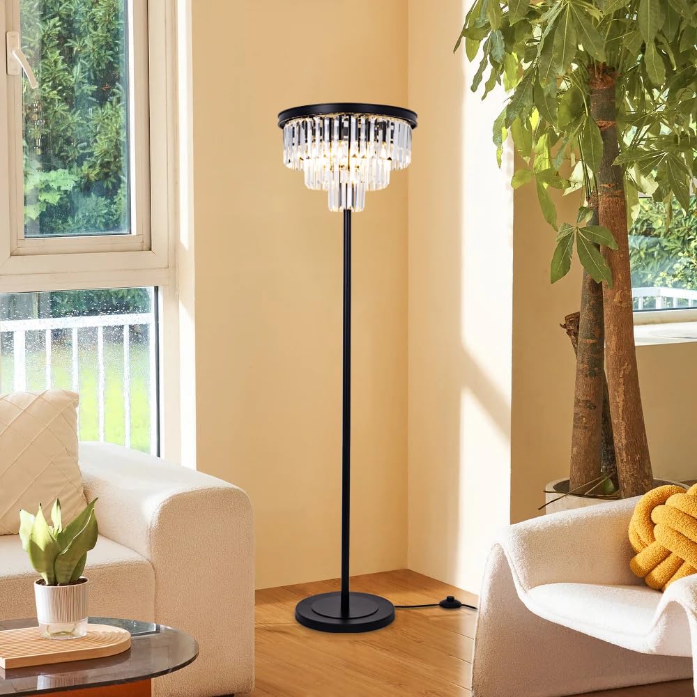 Wellmet Modern Crystal Floor Lamp, Black Tall Standing Living Room Lamp