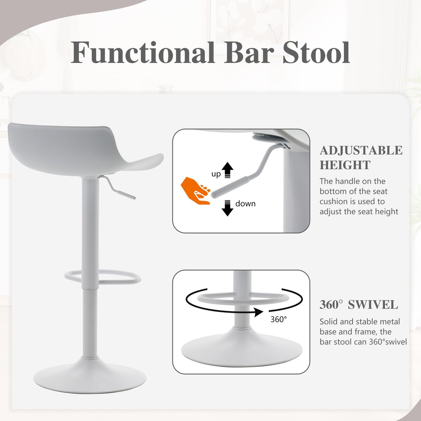 YOUNIKE White Adjustable Height Bar Stools Set of 2 Plastic Swivel Barstool with Low Back Modern Kitchen Counter Island Bar Chairs for Breakfast Nook Cafe Bars Office