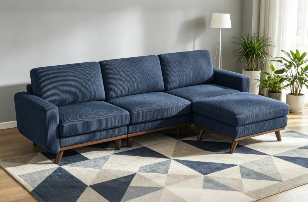 L-Shaped Sectional Sofa, 3-Seater Convertible Couch with Ottoman, FSC Certified Solid Wood Frame, Spring Cushions, Curved Armrests, Comfort Corduroy Sofa for Living Room, Apartment, Office, Blue