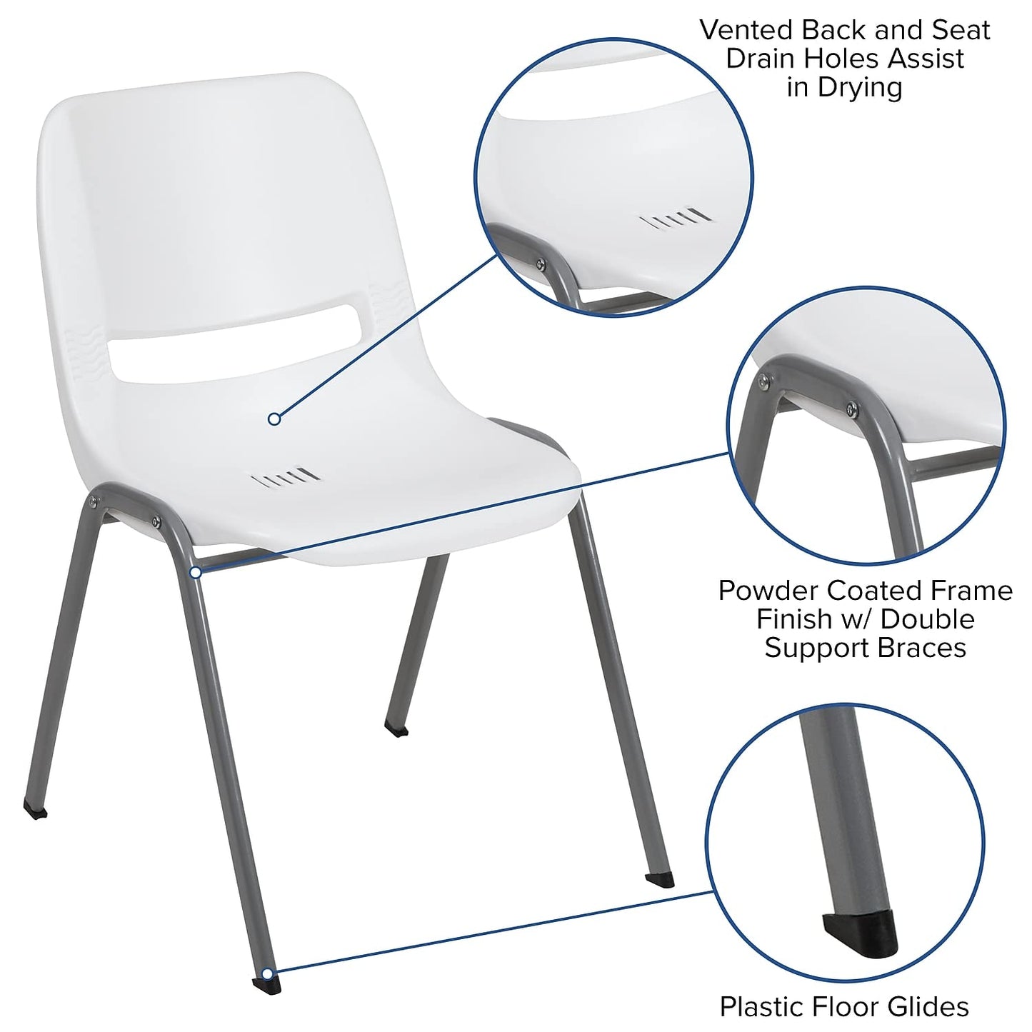 Flash Furniture HERCULES Series 5 Pack 880 lb. Capacity White Ergonomic Shell Stack Chair with Gray Frame