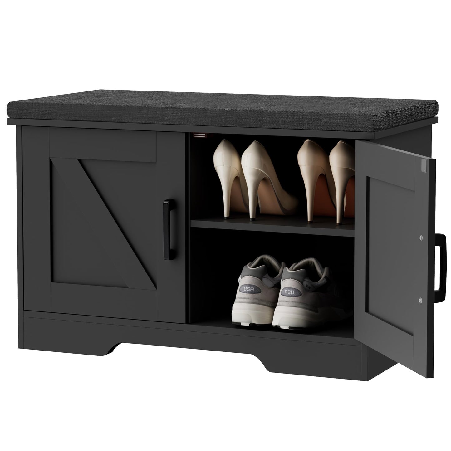 HOMSHO 2-Tier Storage Bench, 27.6" Wide Shoe Bench with Padded Seat Cushion, Entryway Bench with 2 Barn Doors and Adjustable Shelf, Black
