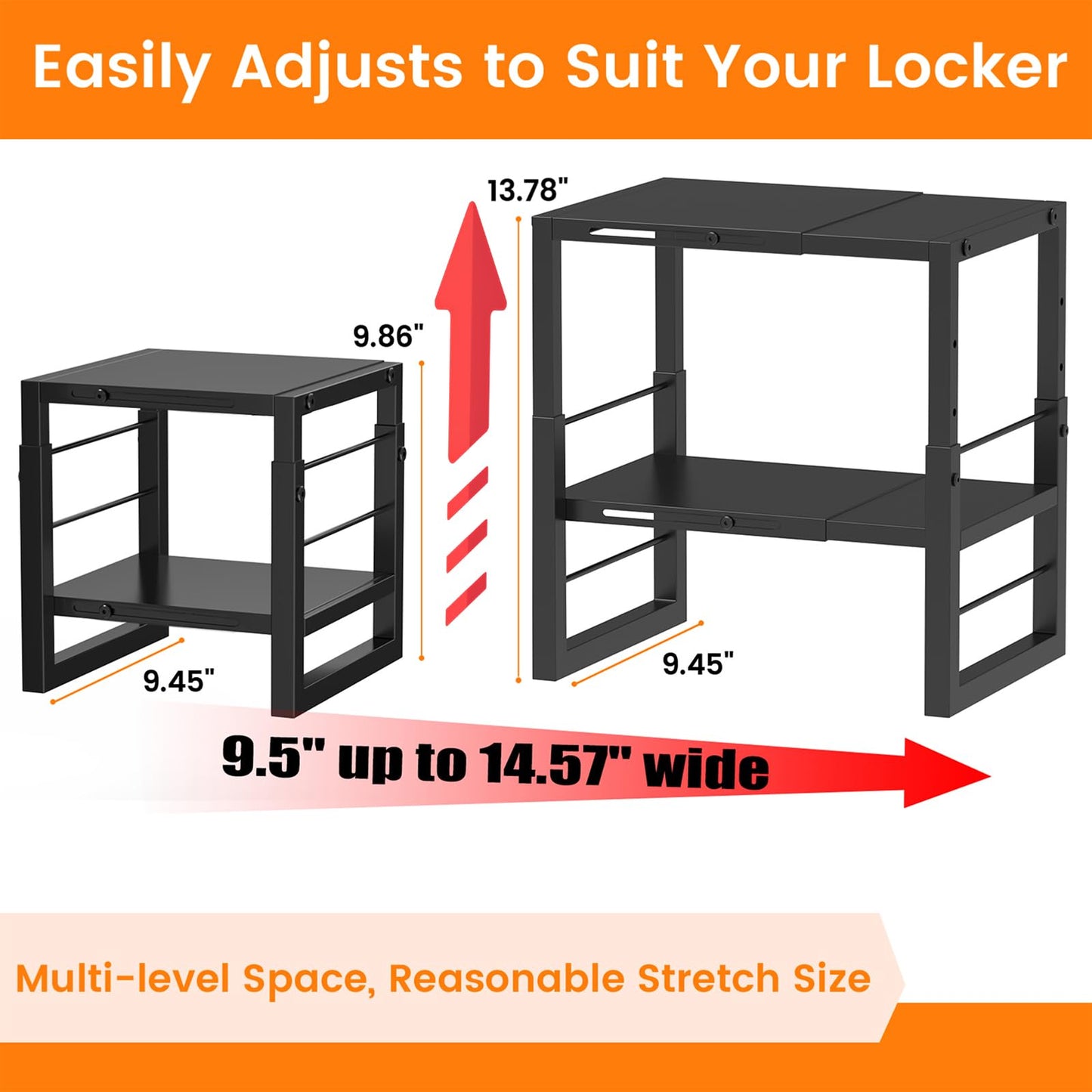 Locker Organizer Shelf School, Adjustable Width and Height, Stackable Metal Locker Storage Organization, Ideal Locker Fits Standard Size School, Office, and Gym Lockers, Black