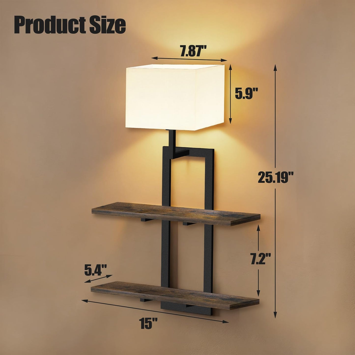 RINBOU Set of 2 Battery Operated Wall Sconce with 2-Tier Shelf, Remote Wireless Rechargeable Dimmable Wall Lights with Floating Shelves, Wall Lamps for Bedroom Living Room Hallway Bathroom Decor