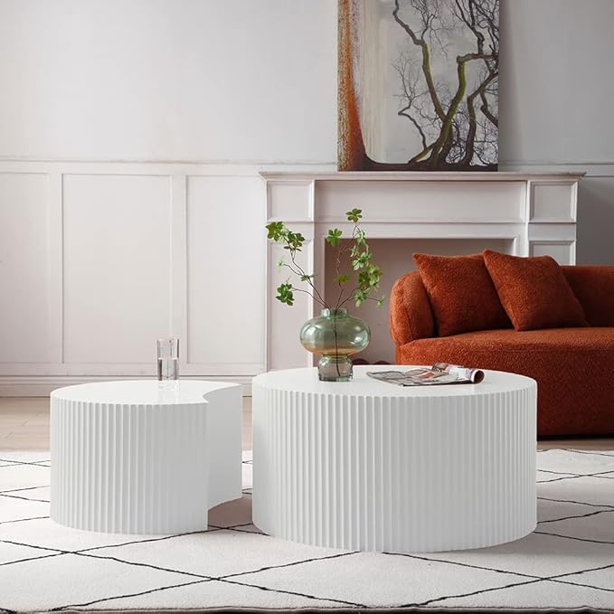White Round Coffee Table Nesting Coffee Table Set of 2 Circle Fluted Cofee