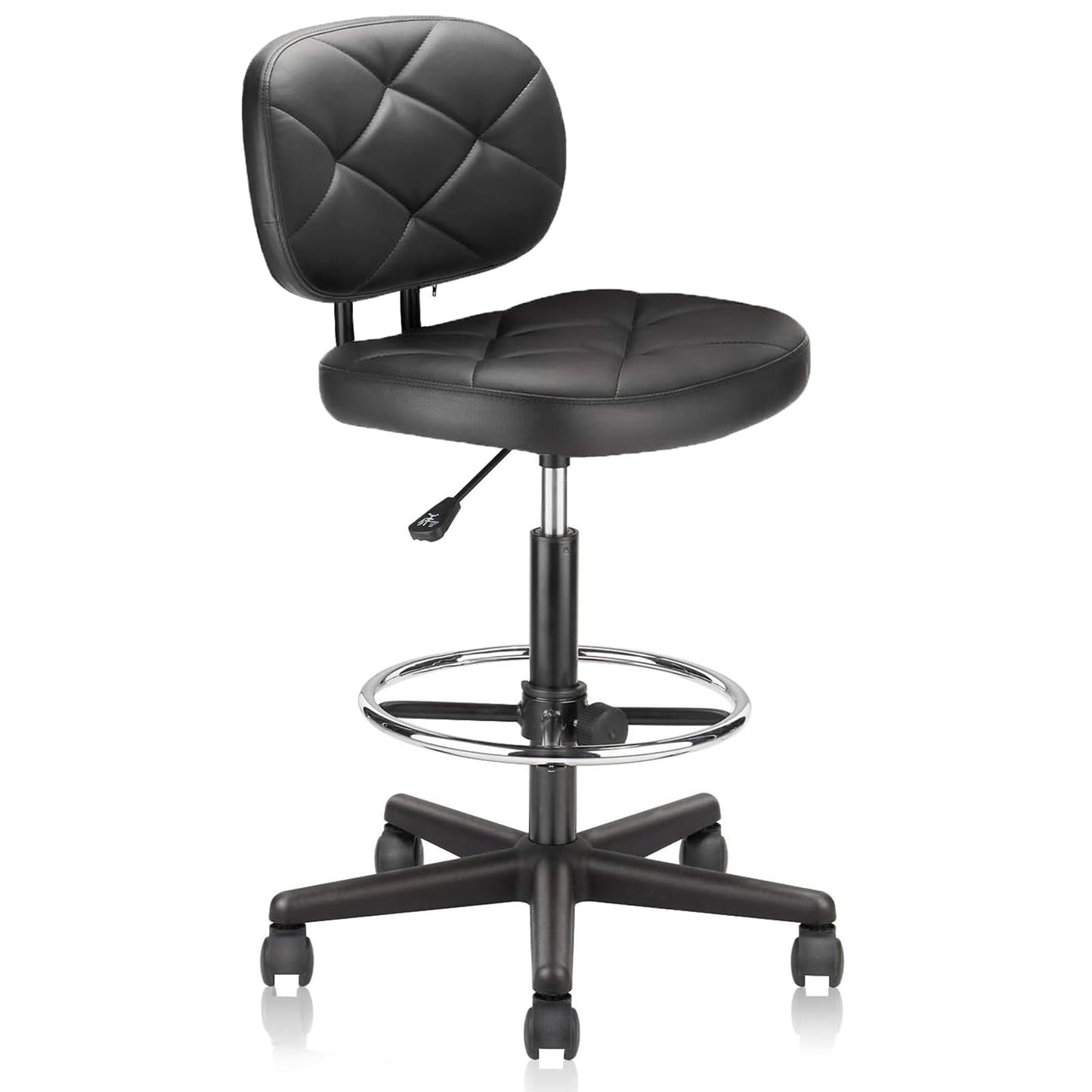KLASIKA PU Leather Rolling Bar Stool with Wheels and Back, Tall Drafting Stool with Adjustable Height and Footrest, Multi-Purpose Office Desk Chair for Home Kitchen Shop Work, Black (1PK)