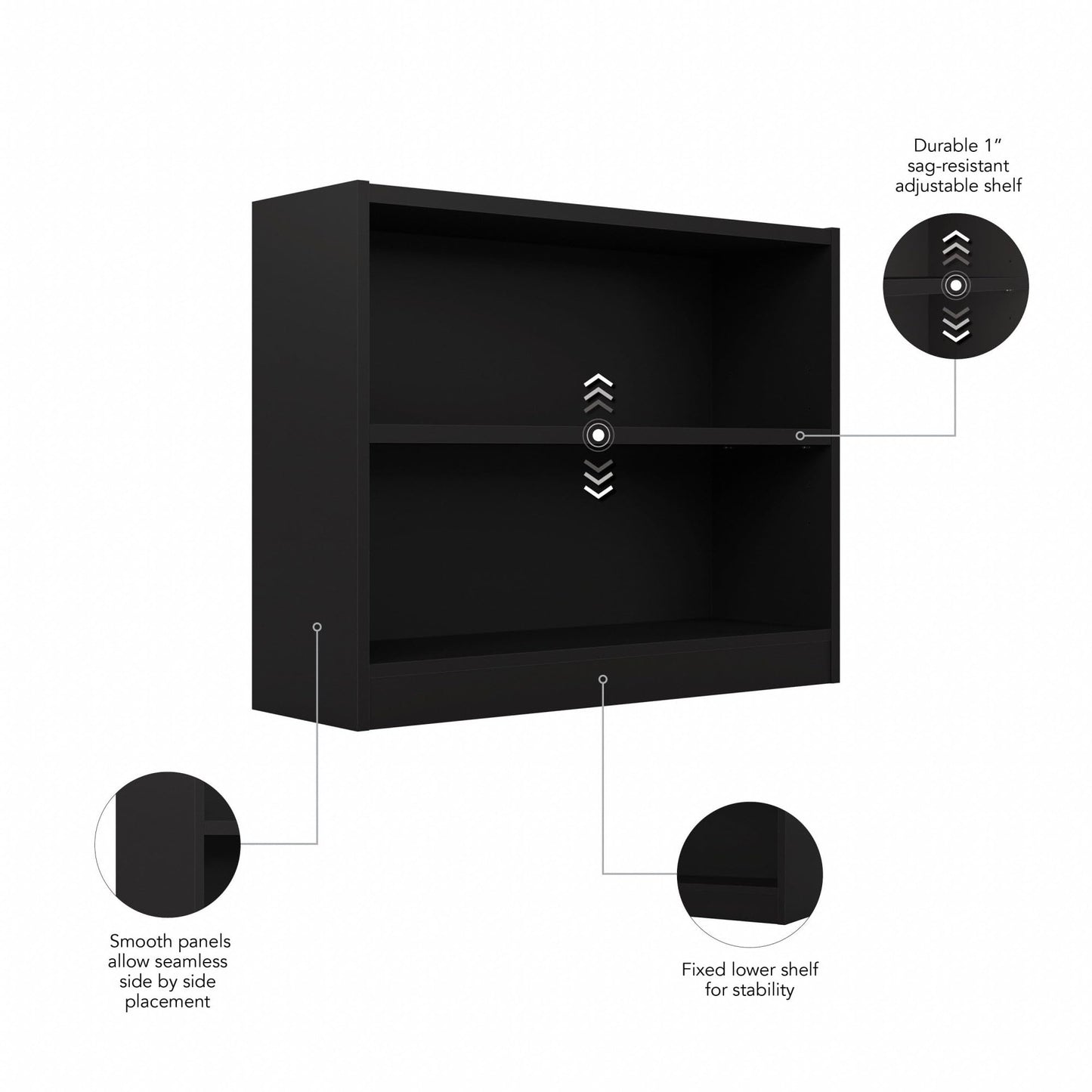 Bush Home Small 2 Shelf Bookcase, 2 Tier Bookshelf Storage Cabinet with Adjustable Shelf for Living Room, Bedroom or Home Office, Universal Collection, Black