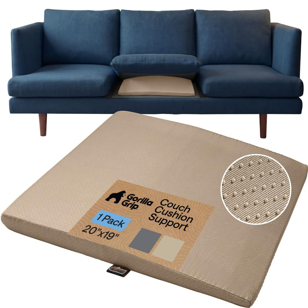 GORILLA GRIP Ergonomic High Density Couch Cushion Support Foam, Quick Rebound Sofa Lifters for Sagging Cushions, Stays in Place with Grip Dots, Replacement Stuffing, 20x19x1.75 Inches, 1 Pack, Beige