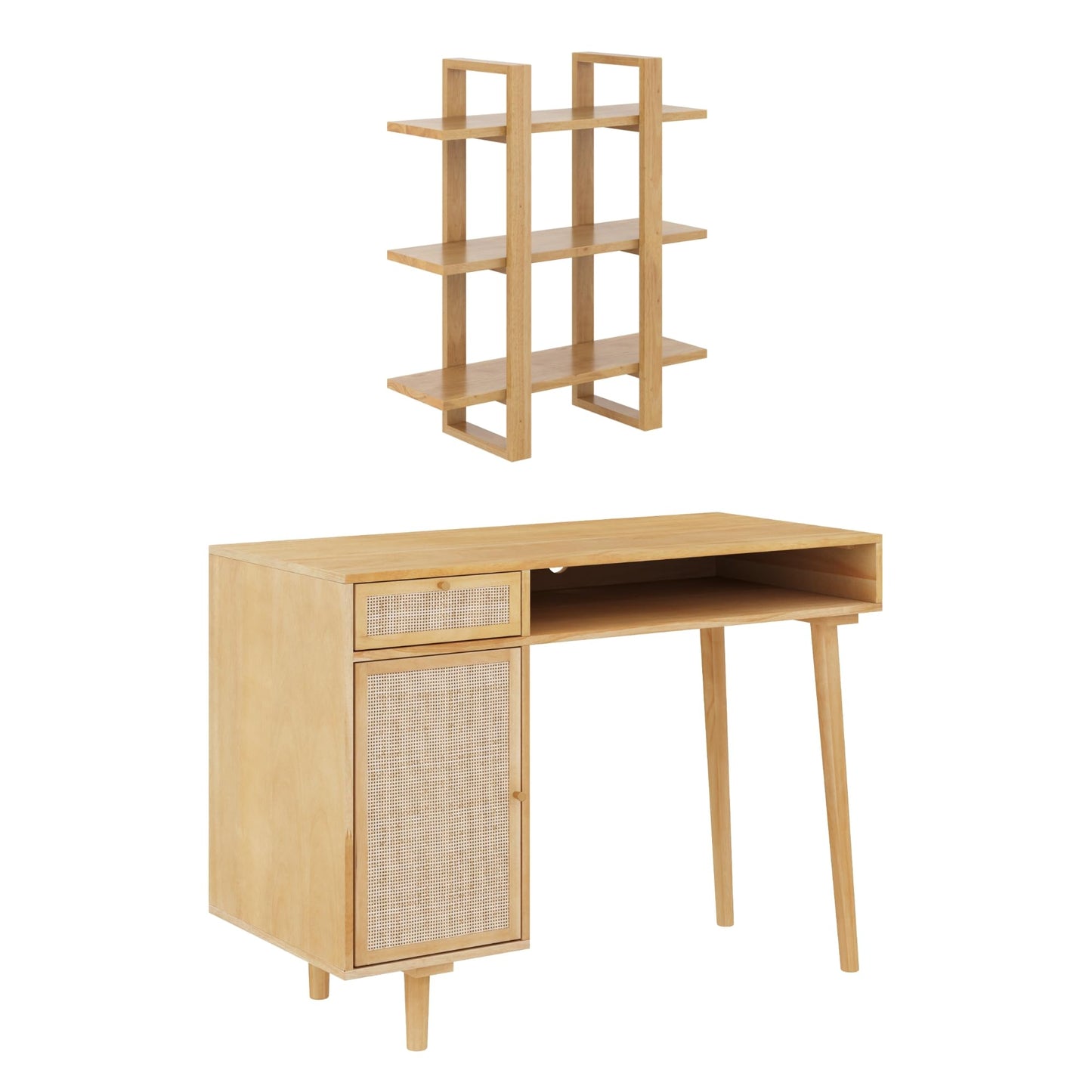 Nathan James Aaron Desk Wall Unit, Desk and Bookshelf Set, Boho Desk and Wall Mount Bookcase Set with Rattan Webbing, Warm Pine