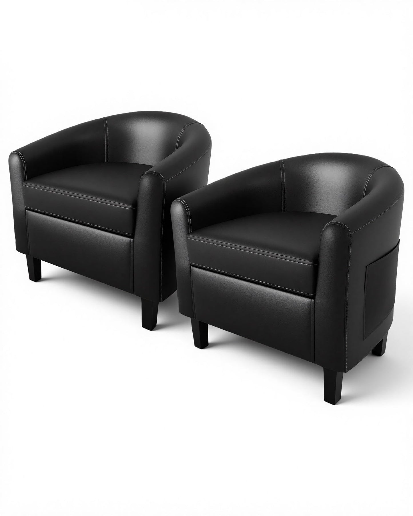 GarveeHome Accent Barrel Chairs Set of 2 Faux Leather Club Armchairs Living Room Chairs with Soft Padded Seat for Bedroom Waiting Reading Room(Black)